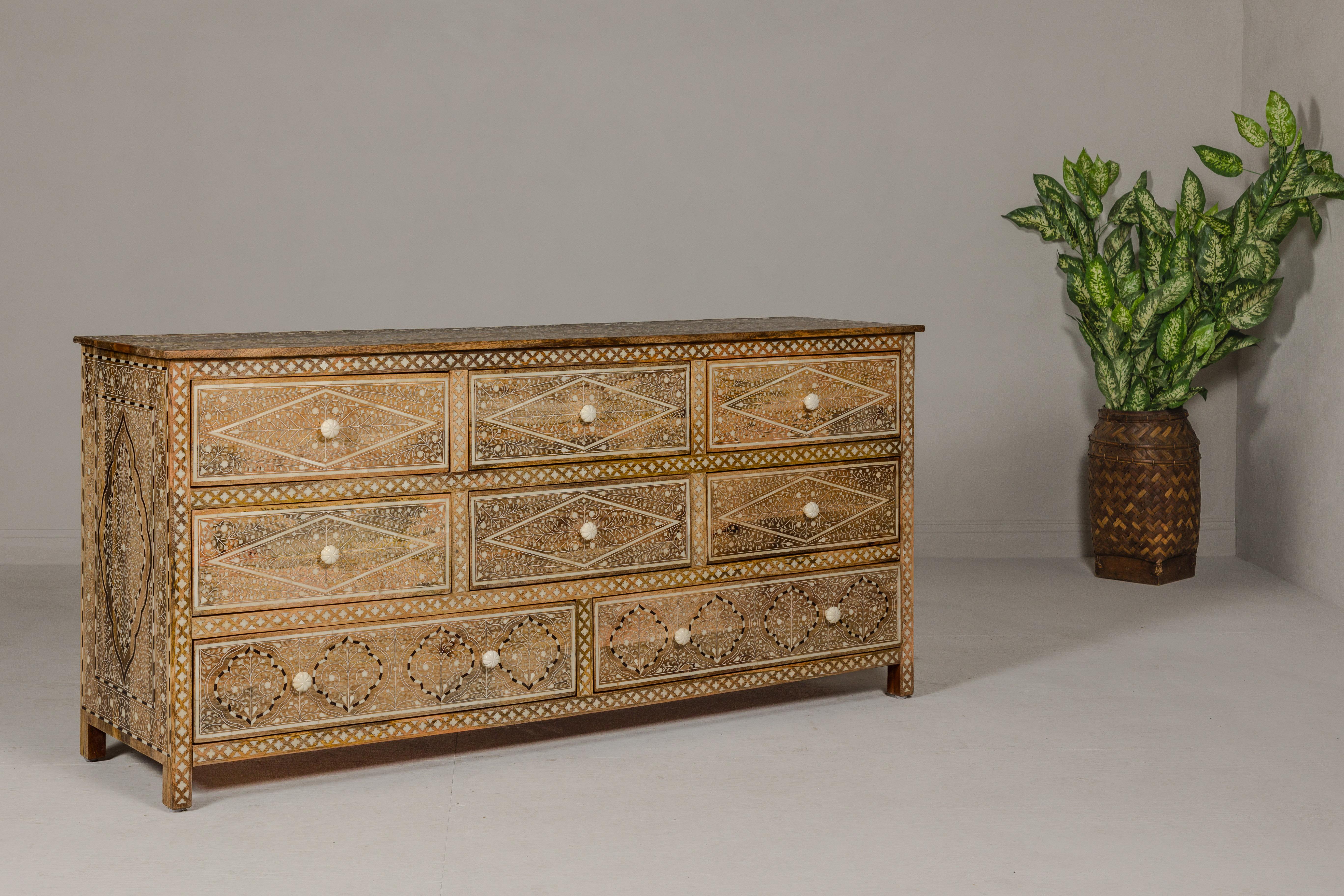 Anglo-Indian Style Mango Wood Dresser with Eight Drawers and Floral Bone Inlay 9