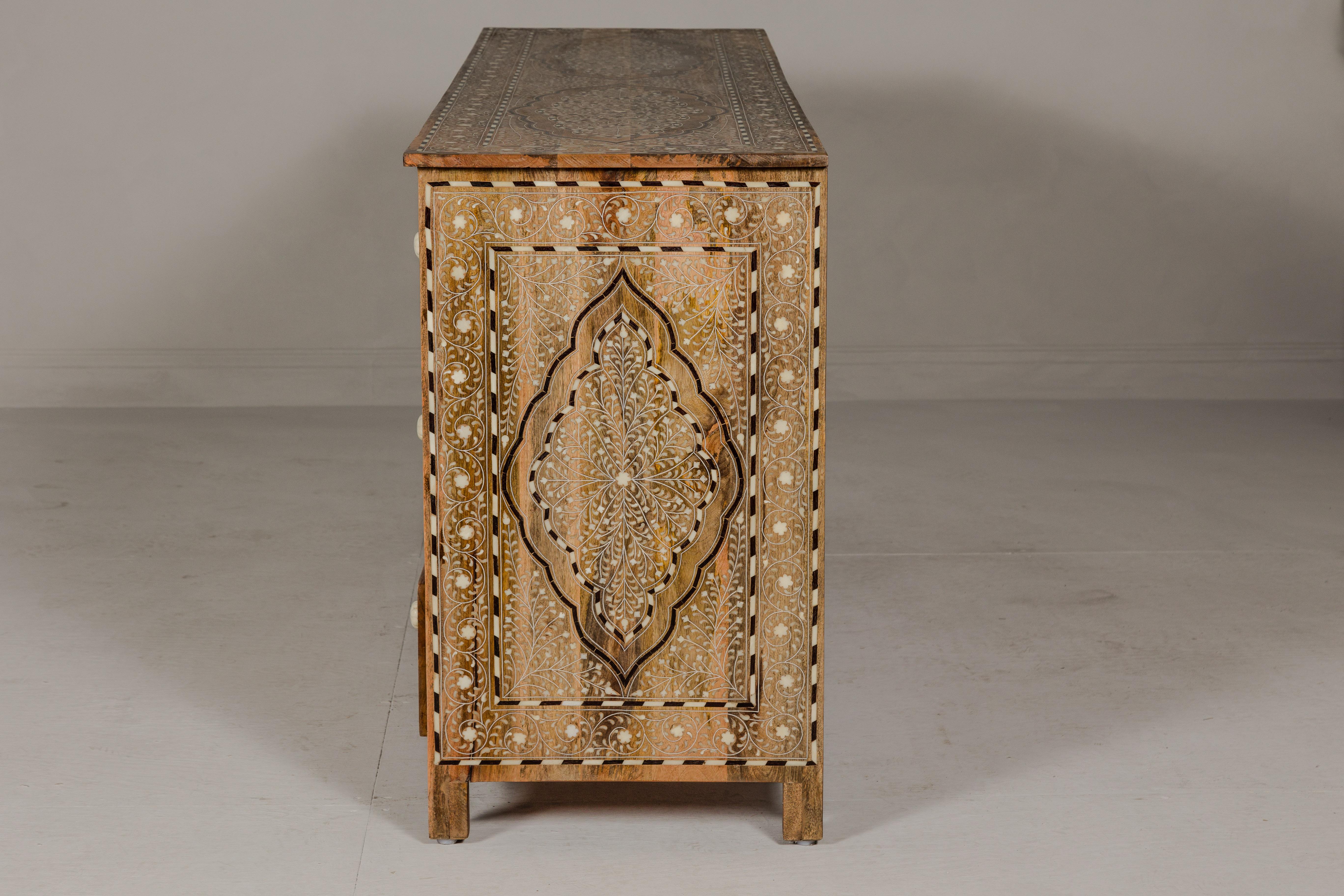 Anglo-Indian Style Mango Wood Dresser with Eight Drawers and Floral Bone Inlay 14