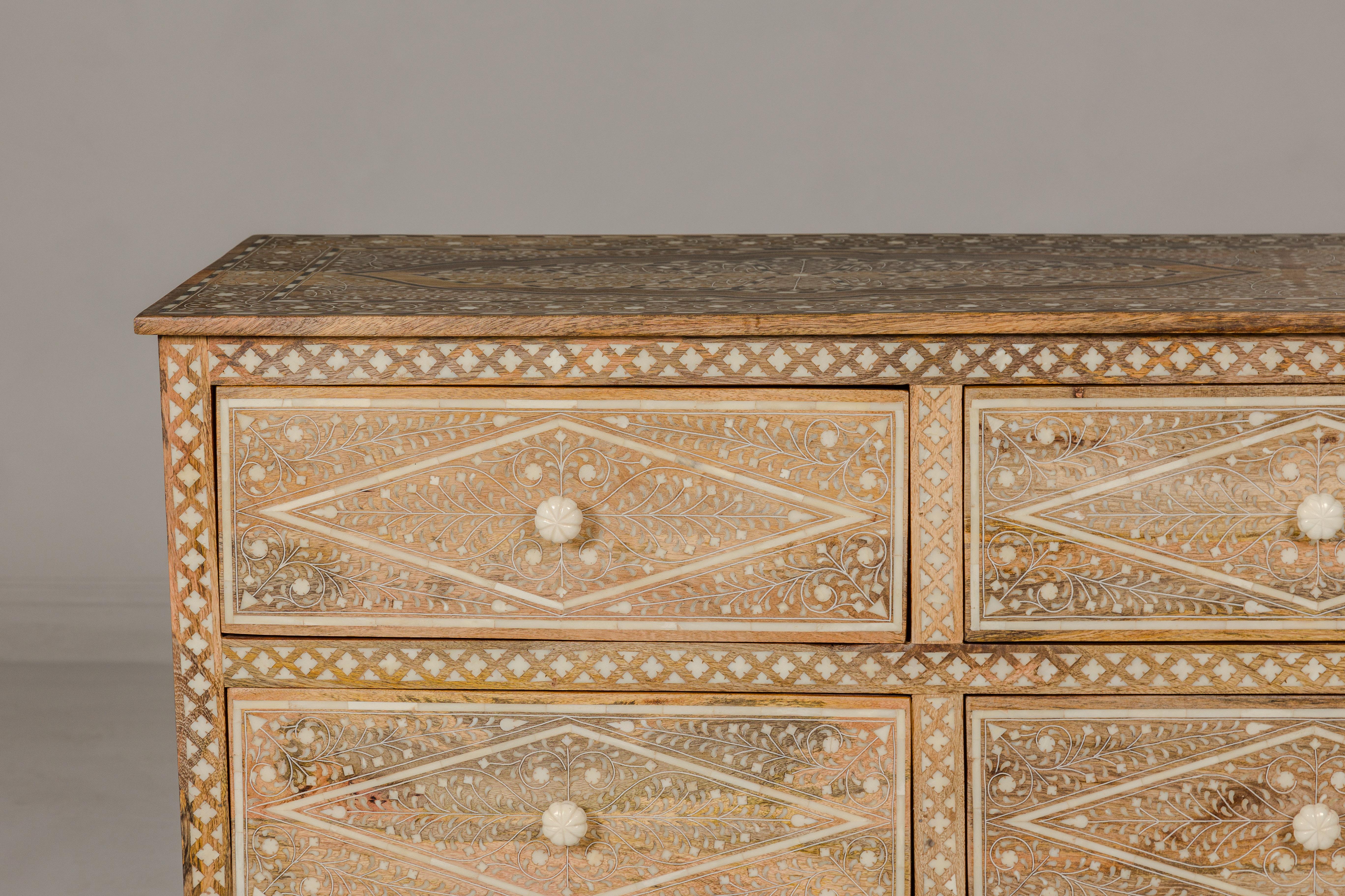 Carved Anglo-Indian Style Mango Wood Dresser with Eight Drawers and Floral Bone Inlay