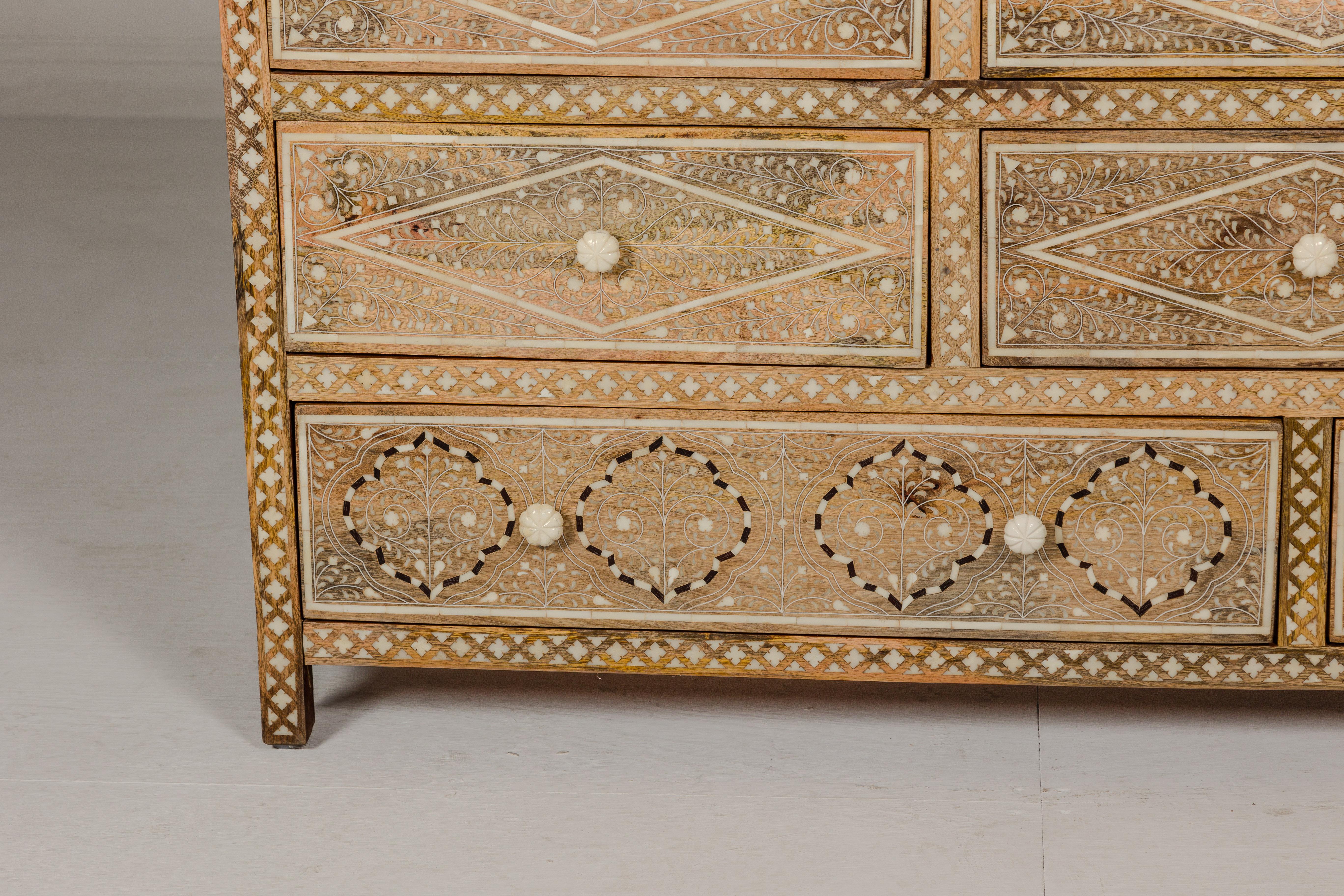 Contemporary Anglo-Indian Style Mango Wood Dresser with Eight Drawers and Floral Bone Inlay