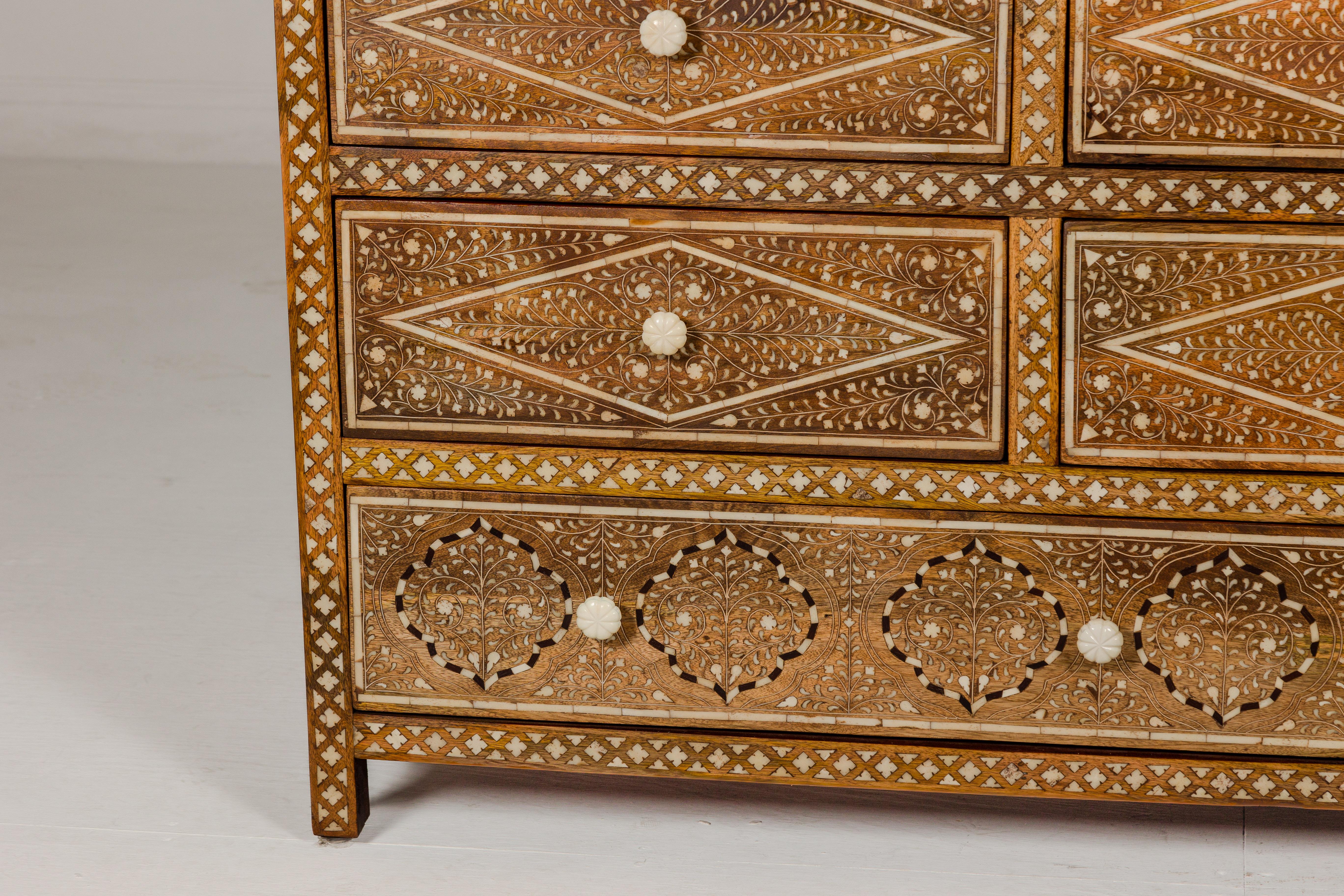 Carved Anglo-Indian Style Mango Wood Dresser with Eight Drawers and Floral Bone Inlay