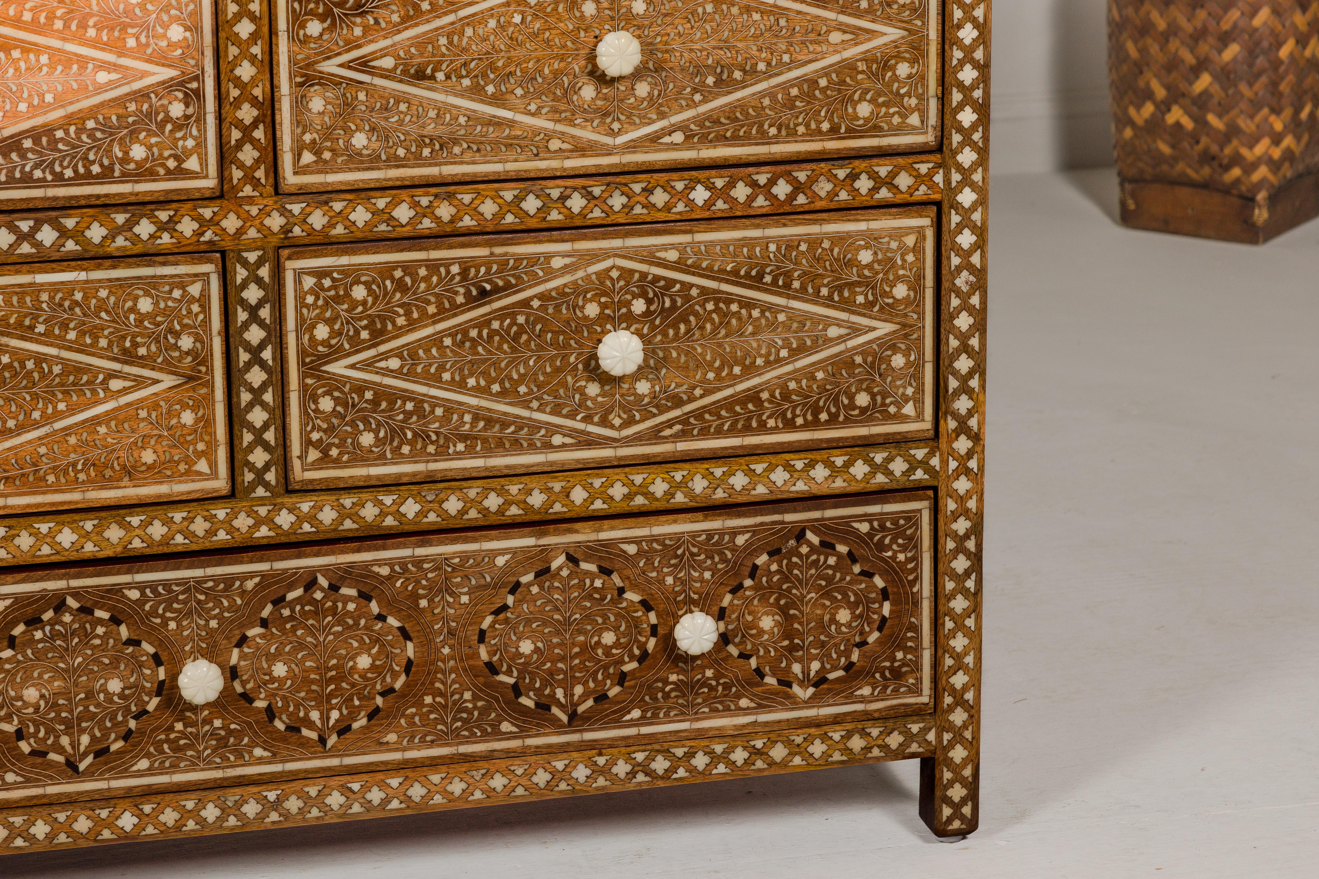 Anglo-Indian Style Mango Wood Dresser with Eight Drawers and Floral Bone Inlay In Excellent Condition In Yonkers, NY