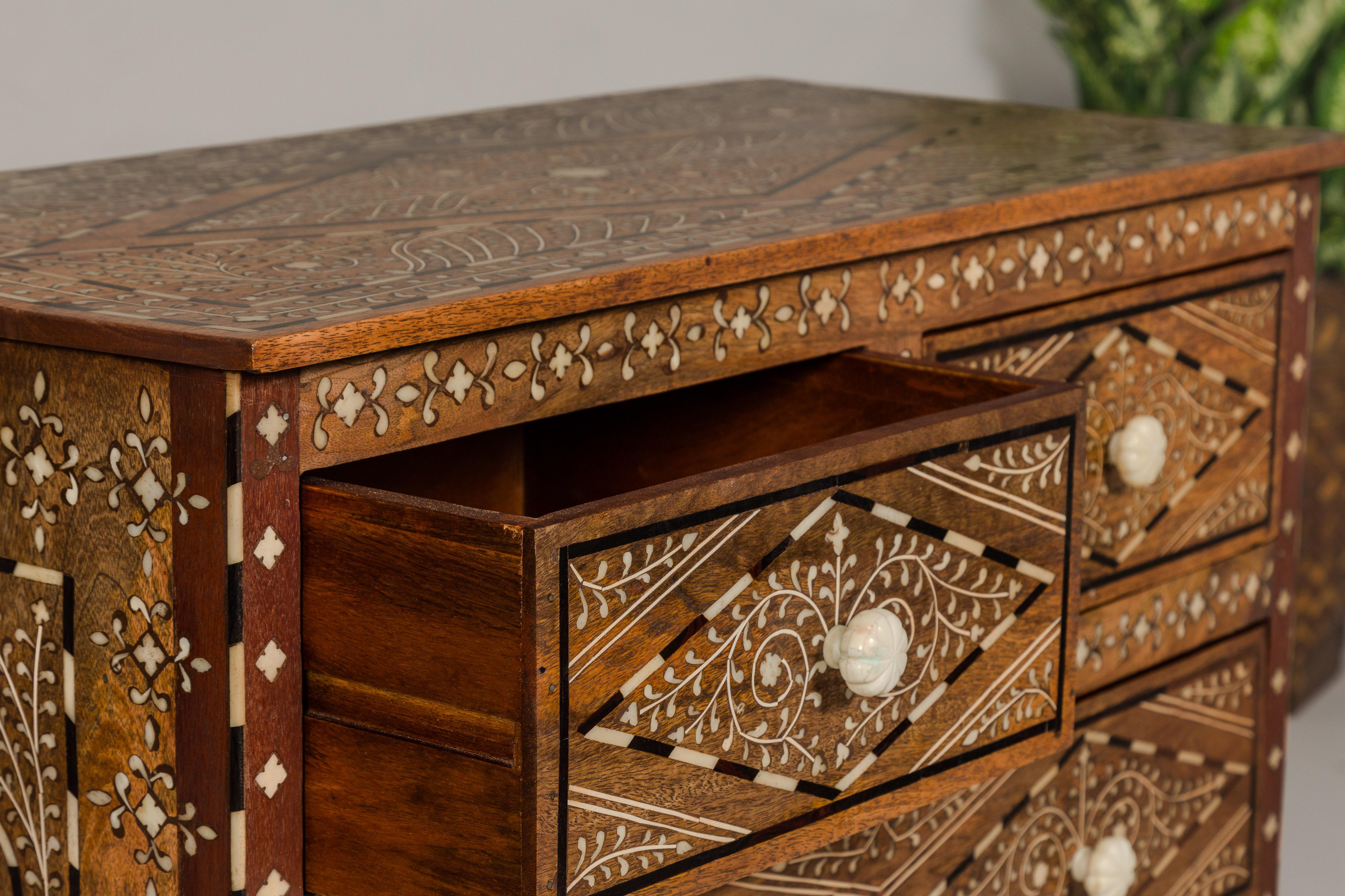 Anglo-Indian Style Mango Wood Four-Drawer Chest with Foliage Bone Inlay For Sale 7
