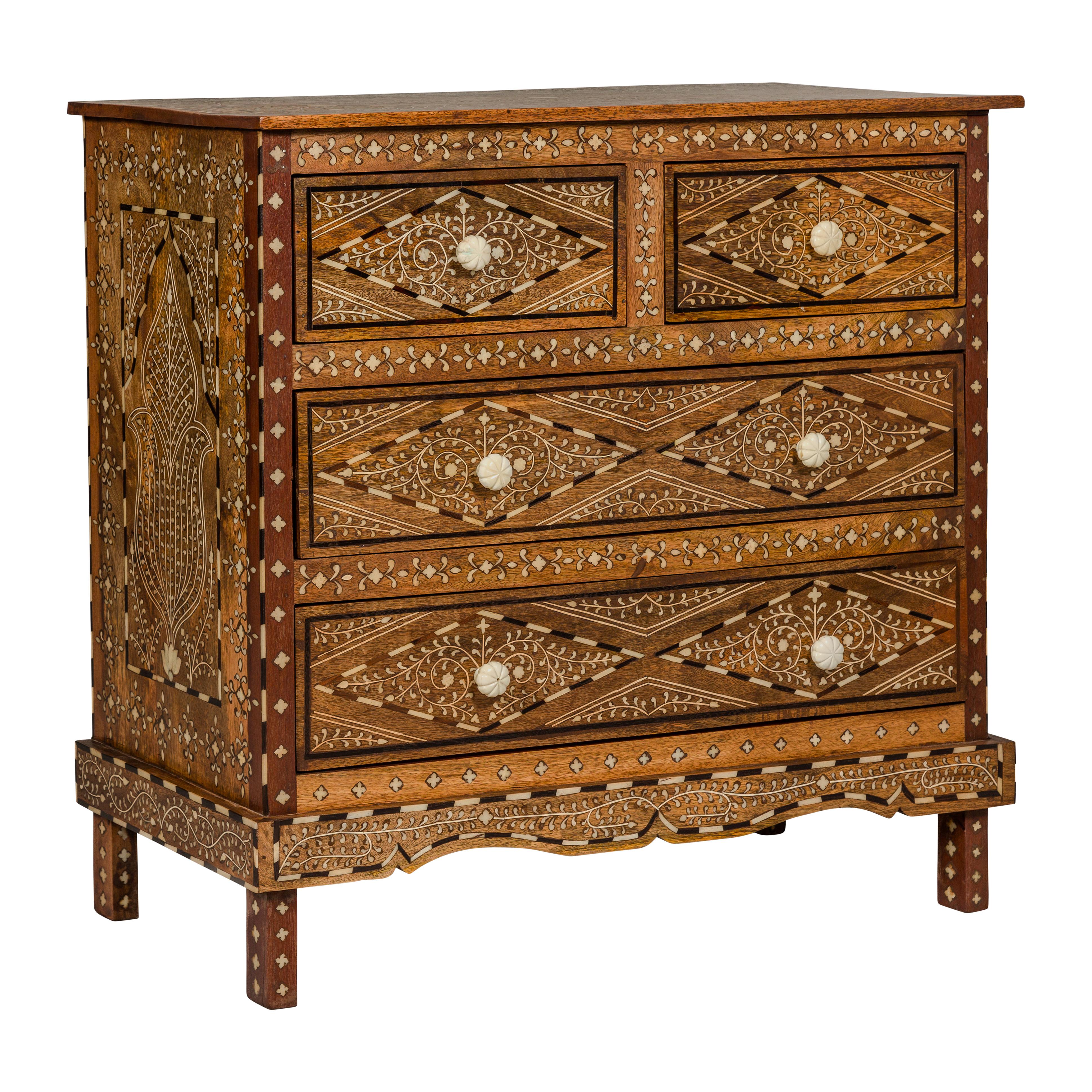 Anglo-Indian Style Mango Wood Four-Drawer Chest with Foliage Bone Inlay For Sale 14