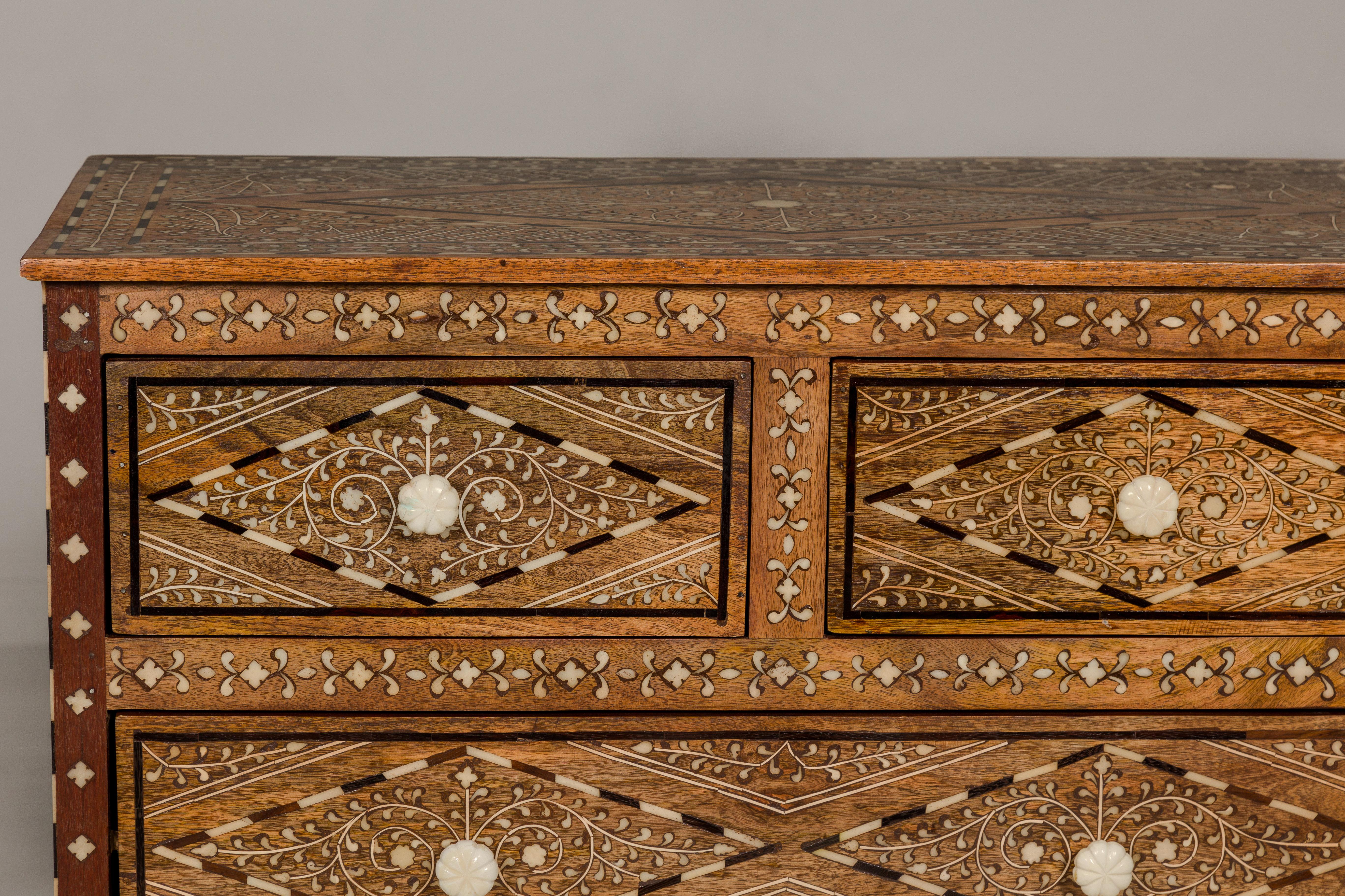 Contemporary Anglo-Indian Style Mango Wood Four-Drawer Chest with Foliage Bone Inlay For Sale