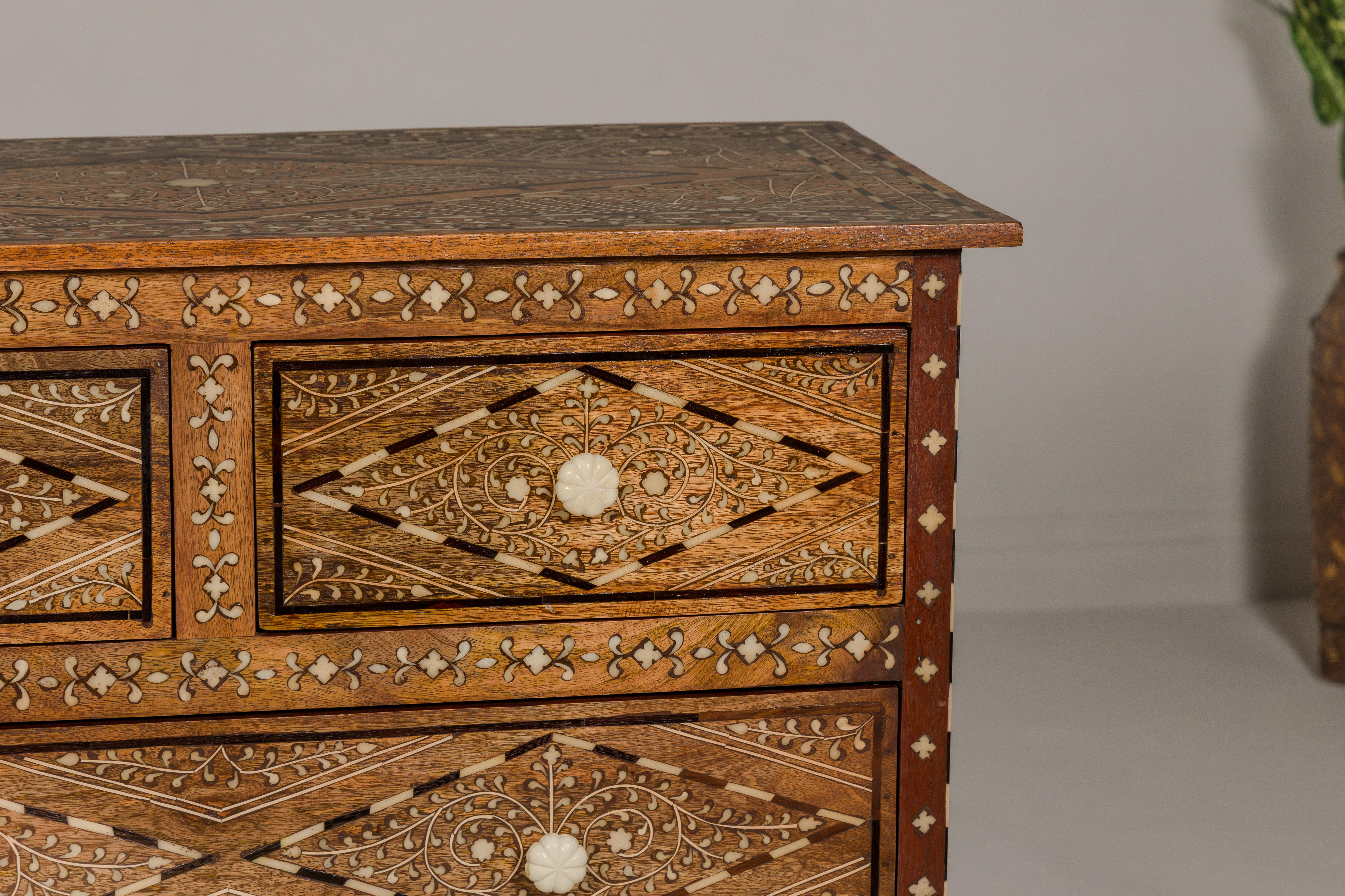 Anglo-Indian Style Mango Wood Four-Drawer Chest with Foliage Bone Inlay For Sale 1