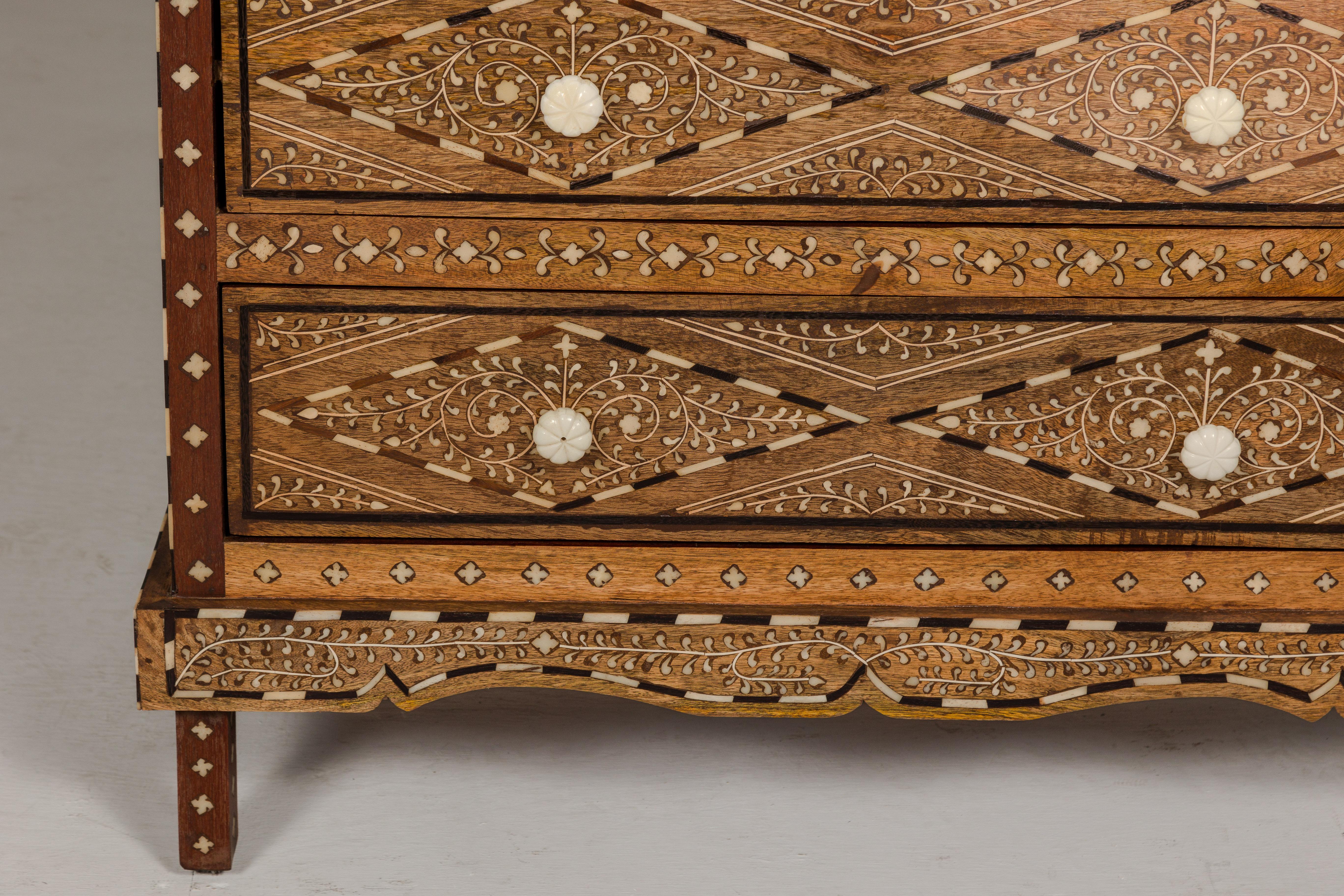 Anglo-Indian Style Mango Wood Four-Drawer Chest with Foliage Bone Inlay For Sale 1