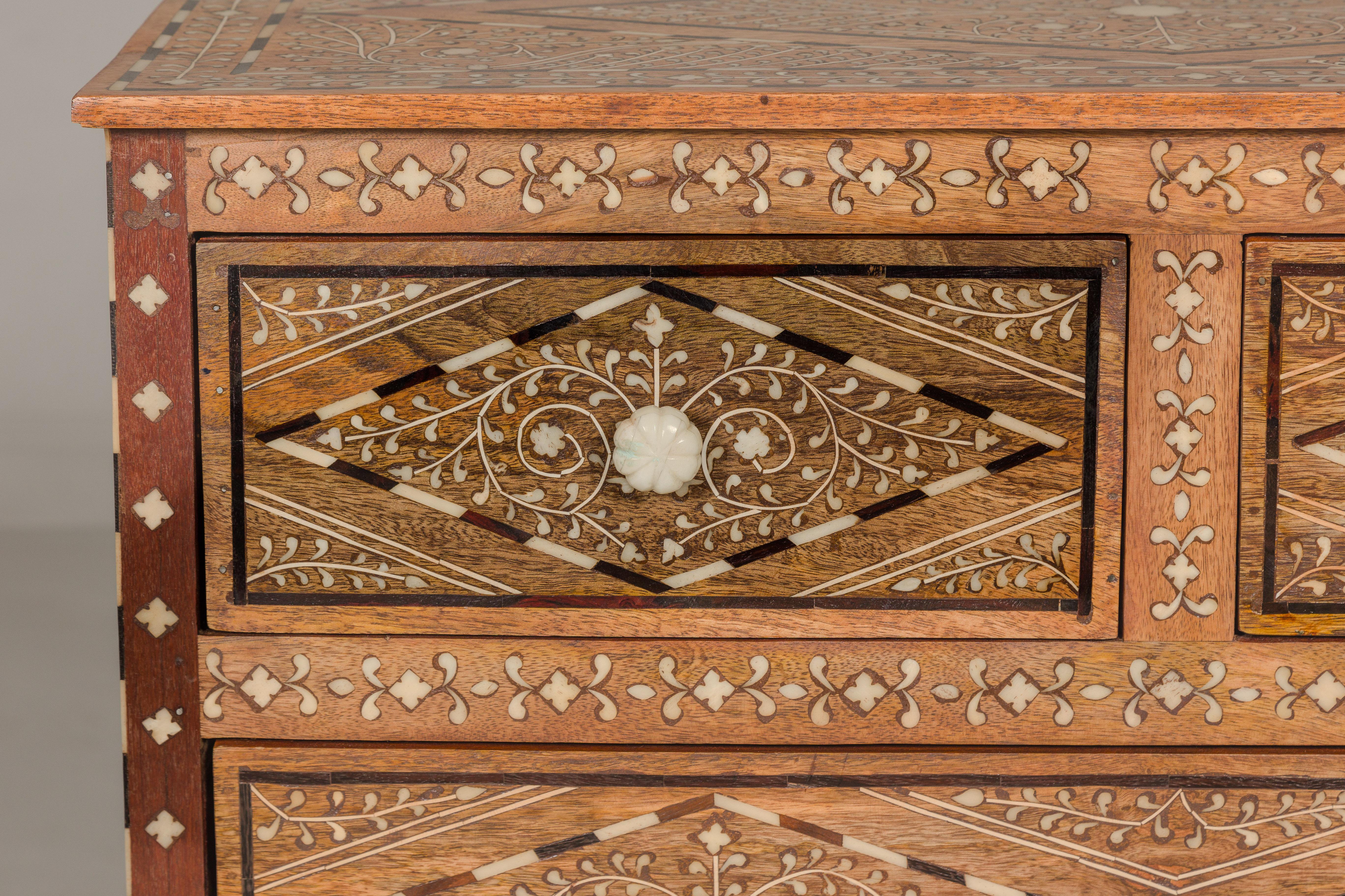 Anglo-Indian Style Mango Wood Four-Drawer Chest with Foliage Bone Inlay For Sale 4