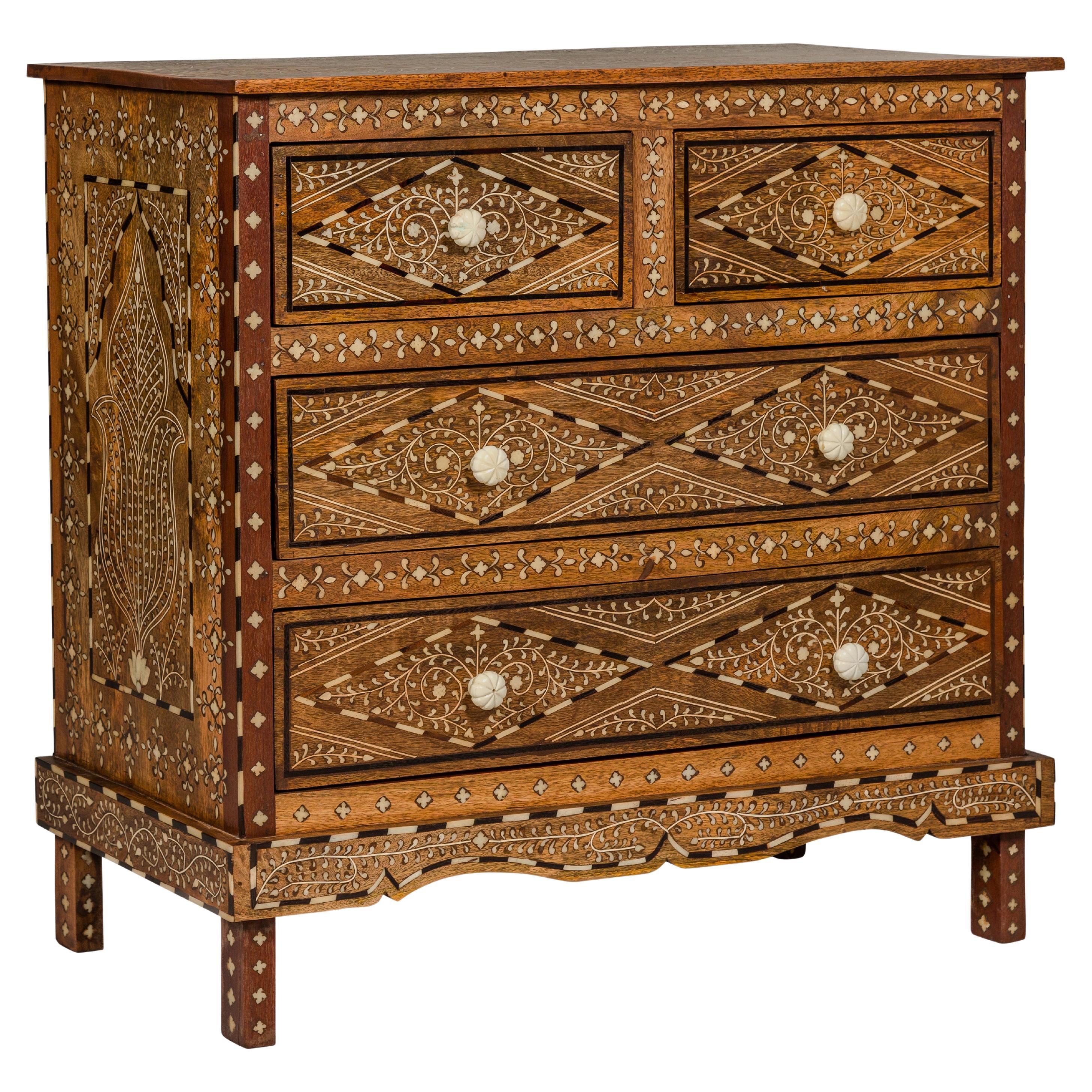 Anglo-Indian Style Mango Wood Four-Drawer Chest with Foliage Bone Inlay