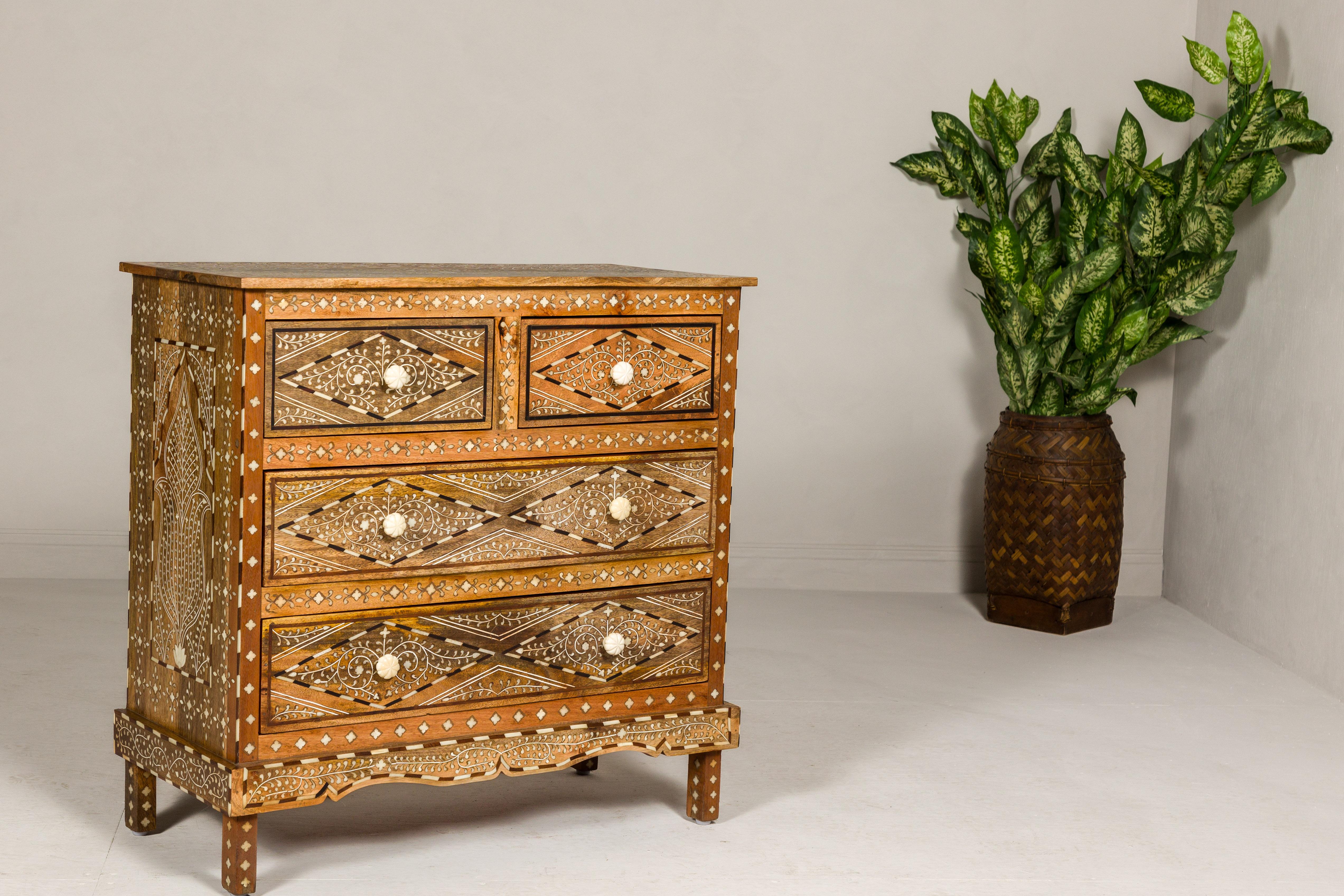 Anglo-Indian Style Mango Wood Four-Drawer Chest with Foliage Themed Bone Inlay For Sale 4