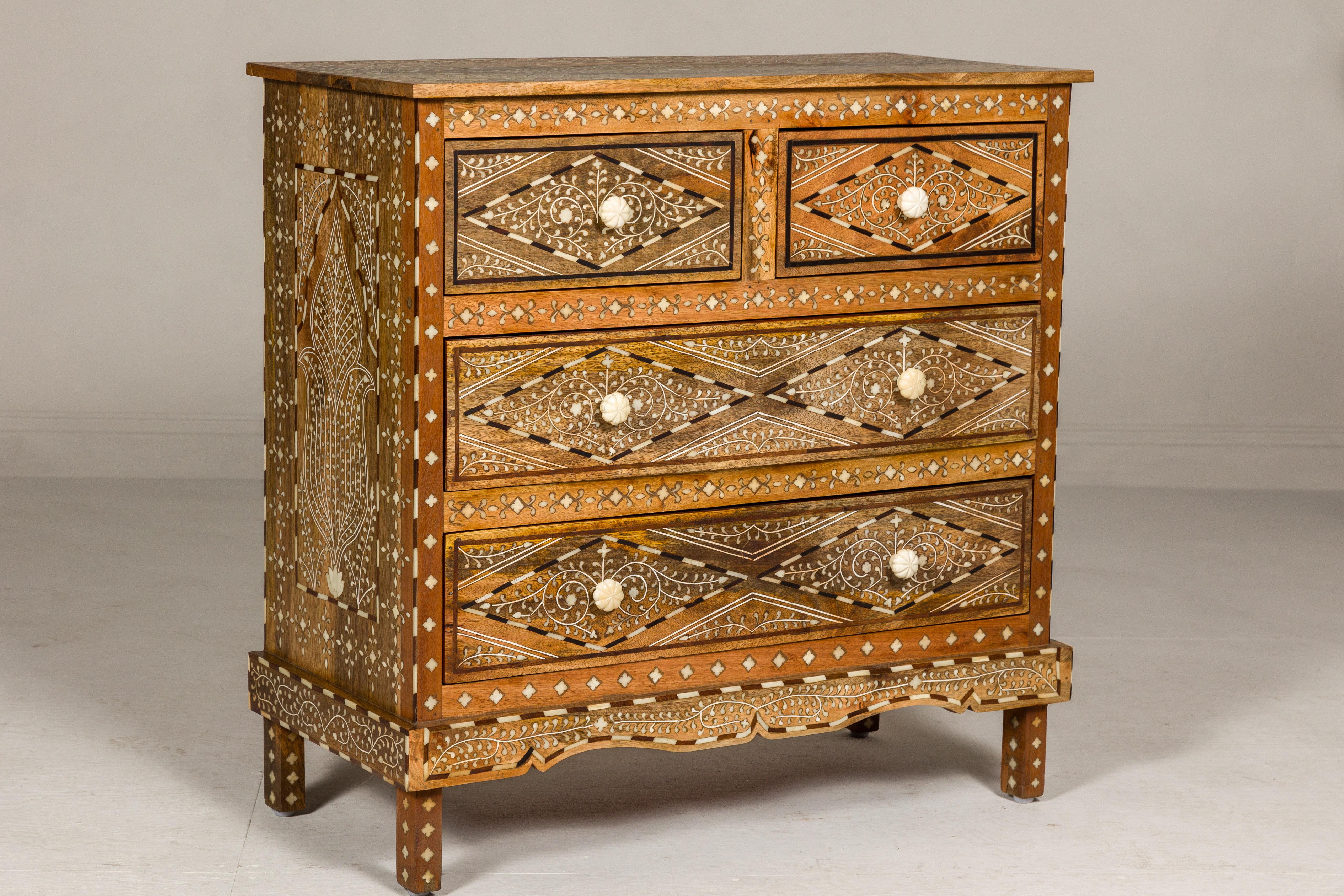 Anglo-Indian Style Mango Wood Four-Drawer Chest with Foliage Themed Bone Inlay For Sale 5