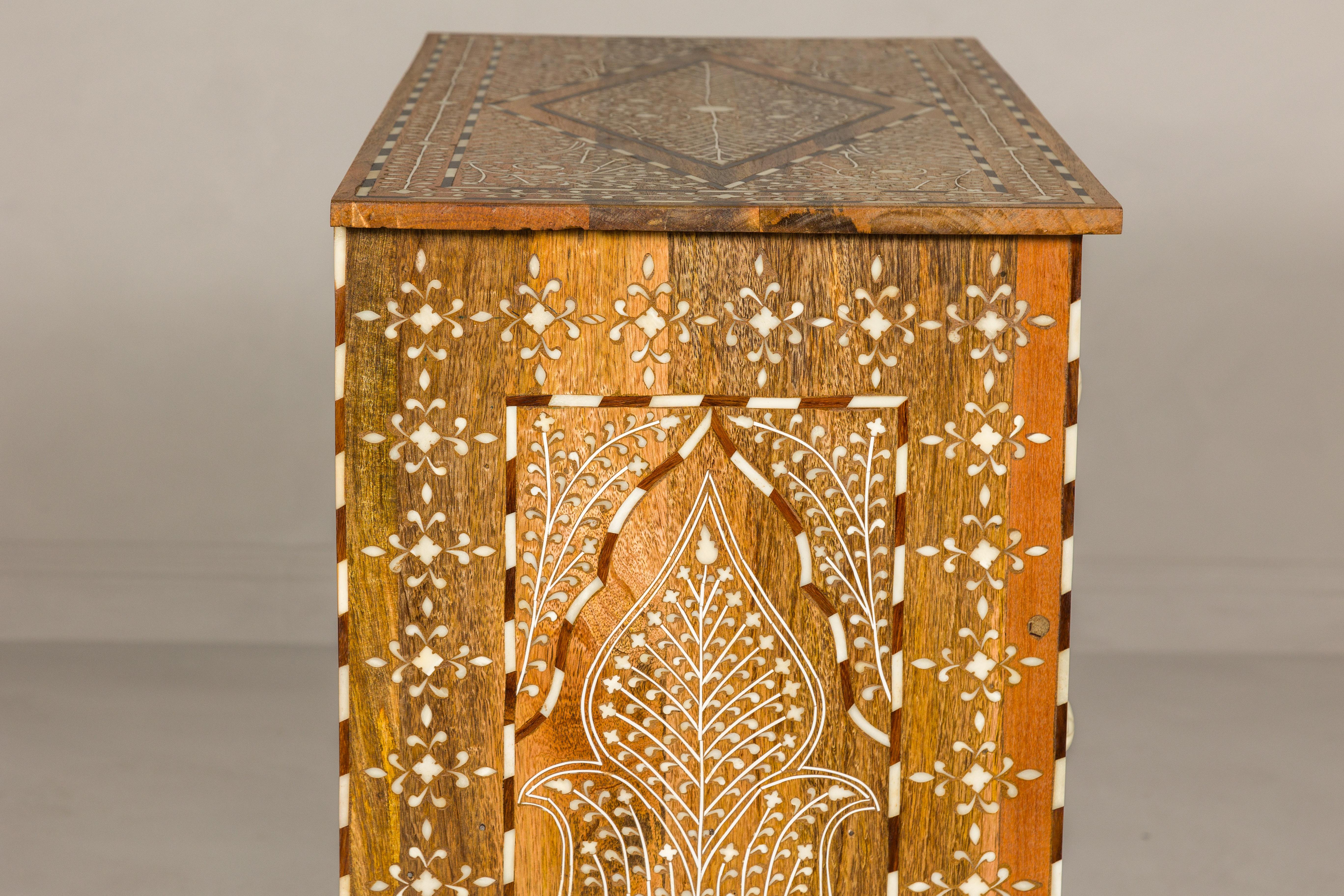 Anglo-Indian Style Mango Wood Four-Drawer Chest with Foliage Themed Bone Inlay For Sale 7