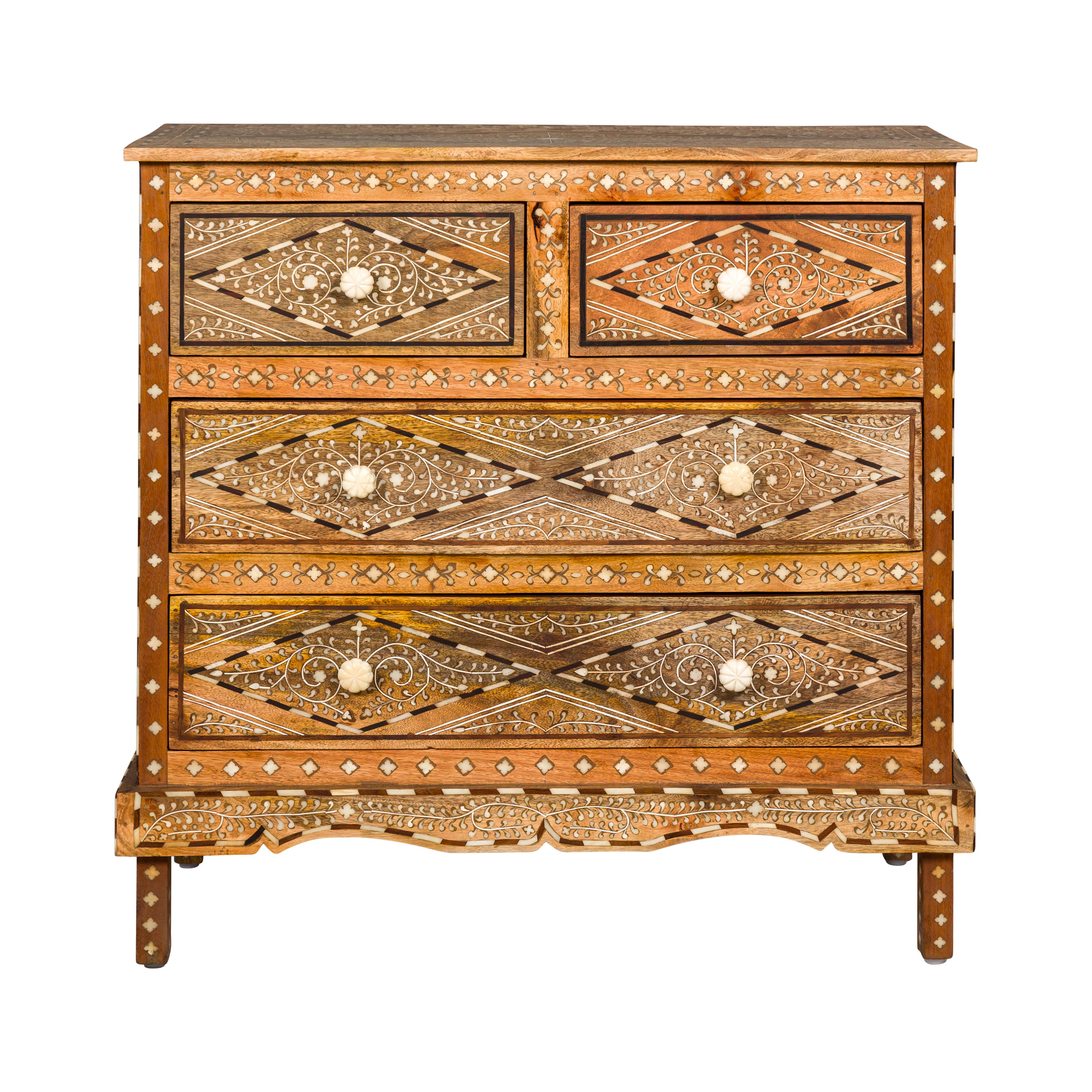 Anglo-Indian Style Mango Wood Four-Drawer Chest with Foliage Themed Bone Inlay For Sale 14