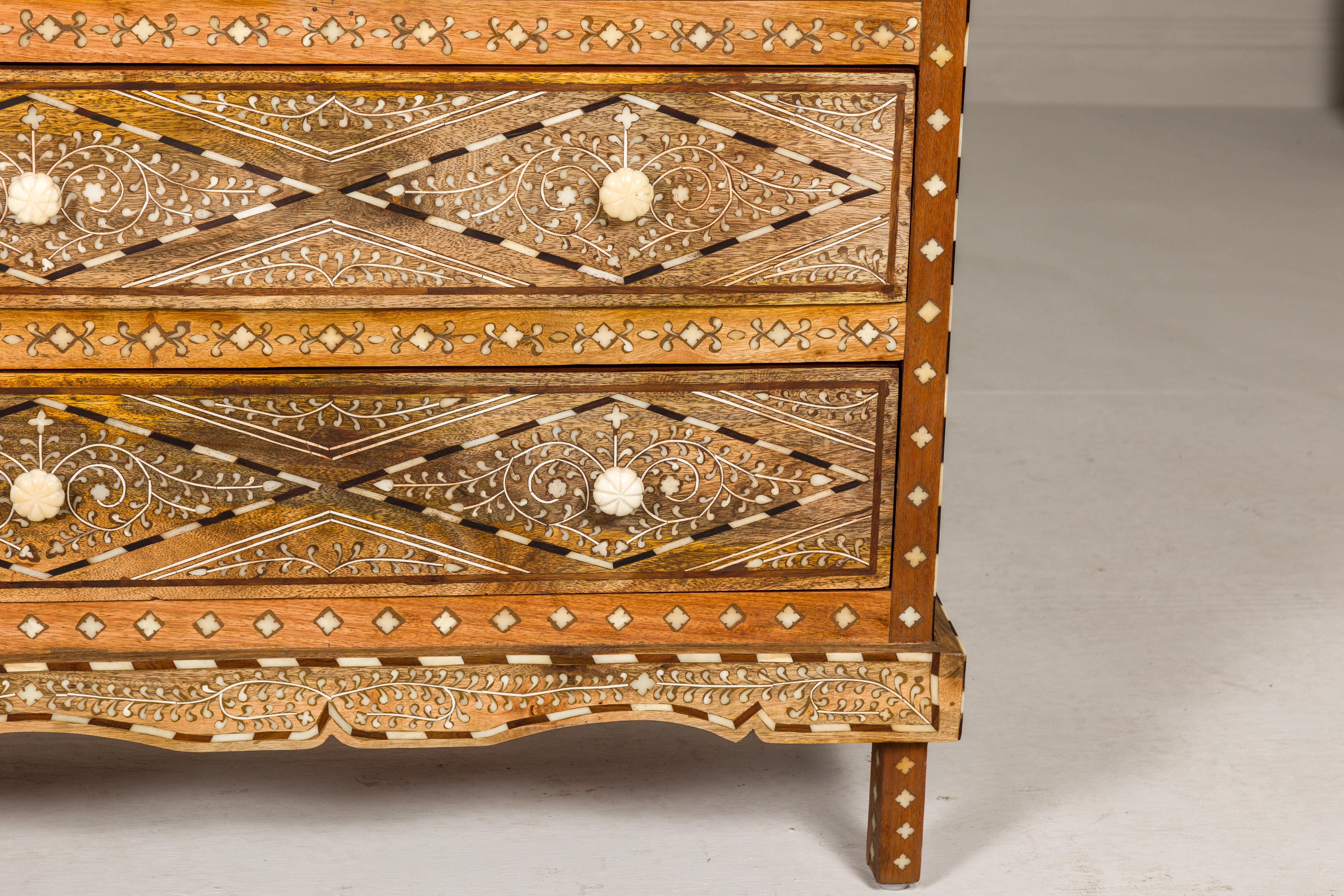 Contemporary Anglo-Indian Style Mango Wood Four-Drawer Chest with Foliage Themed Bone Inlay For Sale