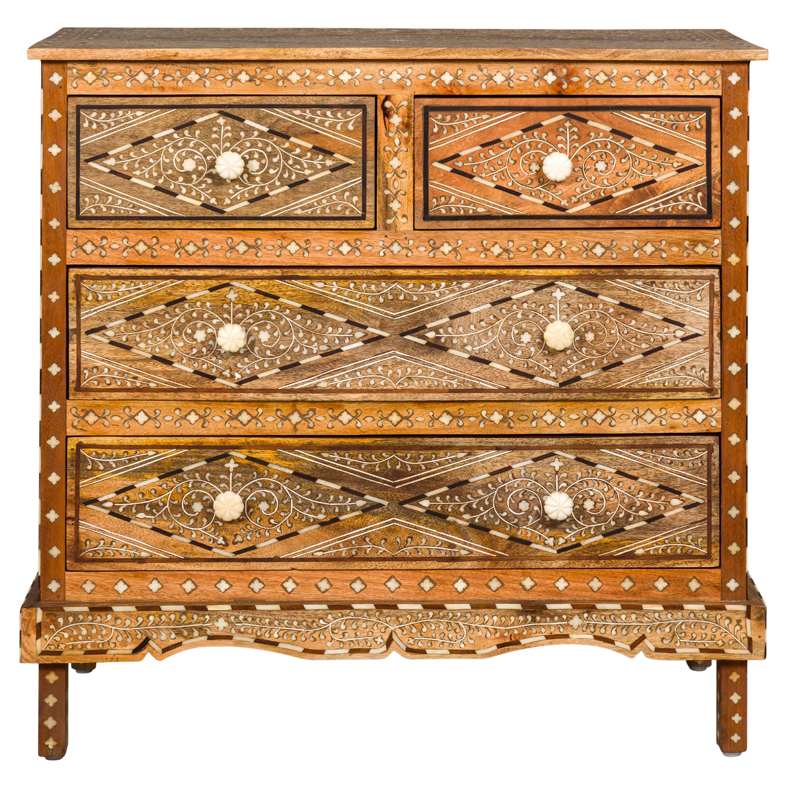 Anglo-Indian Style Mango Wood Four-Drawer Chest with Foliage Themed Bone Inlay For Sale