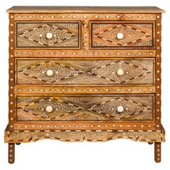 Anglo-Indian Style Mango Wood Four-Drawer Chest with Foliage Themed Bone Inlay