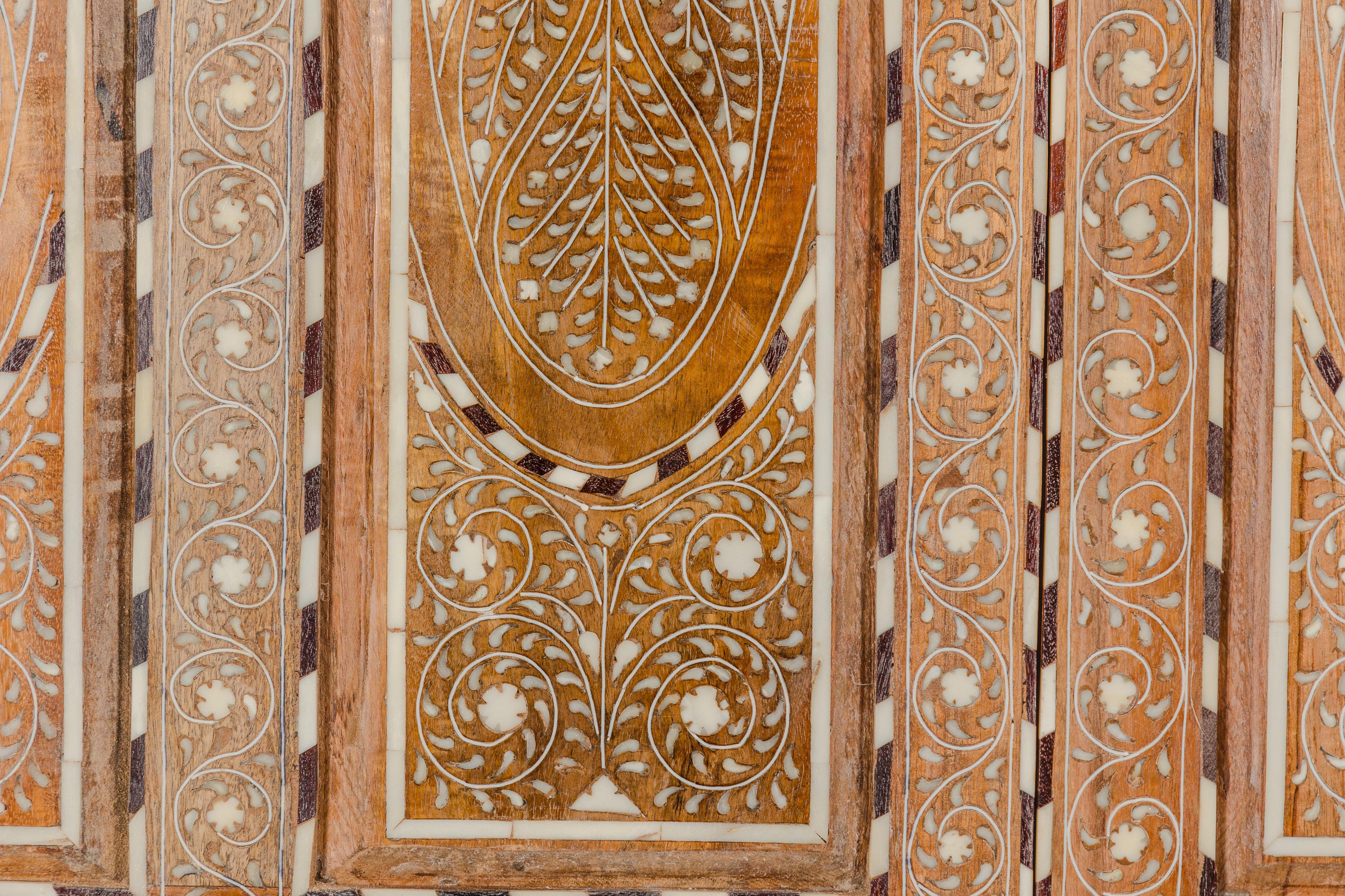 Anglo-Indian Style Mango Wood Tall Armoire with Floral Themed Bone Inlay 5