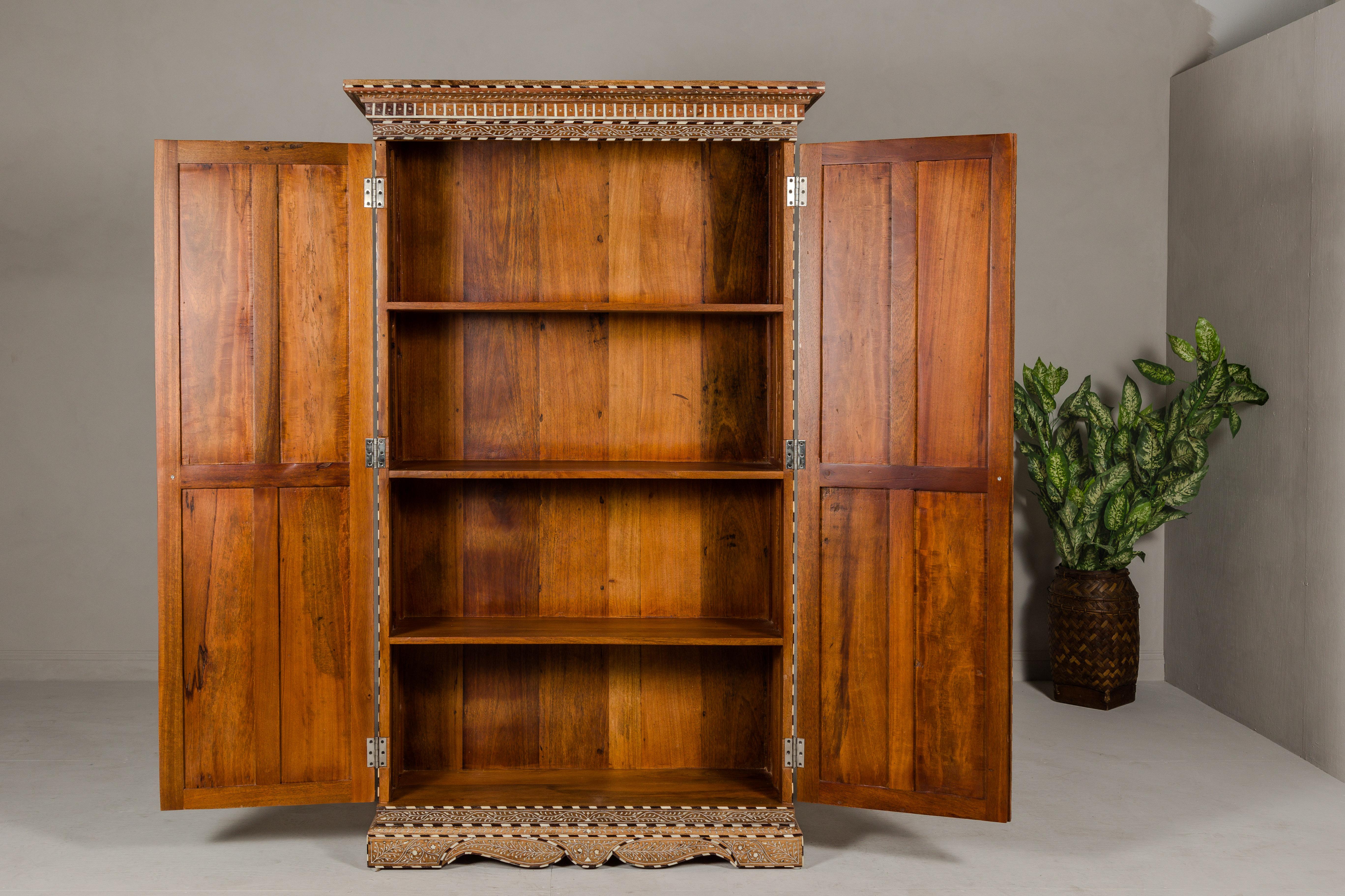 Anglo-Indian Style Mango Wood Tall Armoire with Floral Themed Bone Inlay 6
