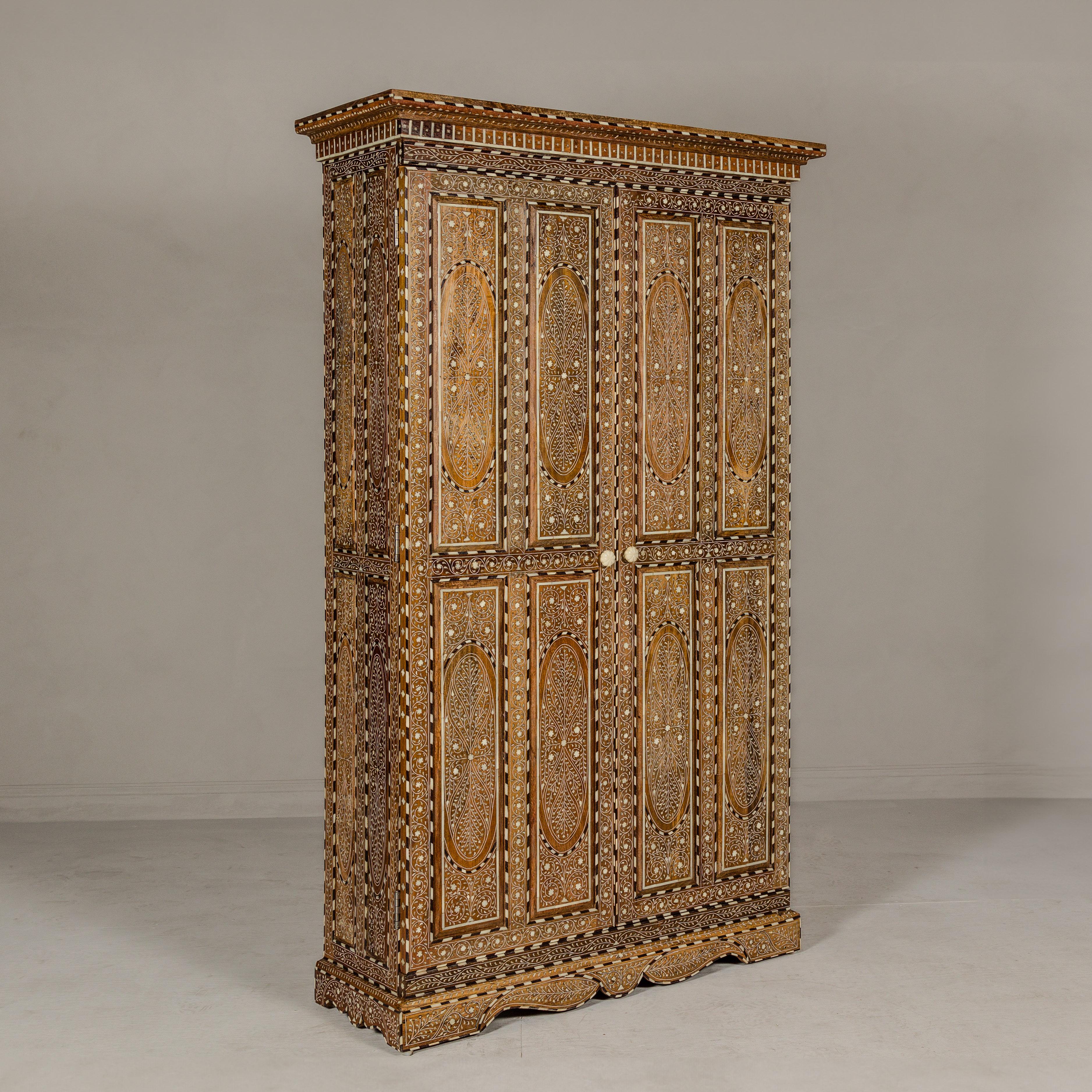 Anglo-Indian Style Mango Wood Tall Armoire with Floral Themed Bone Inlay 7