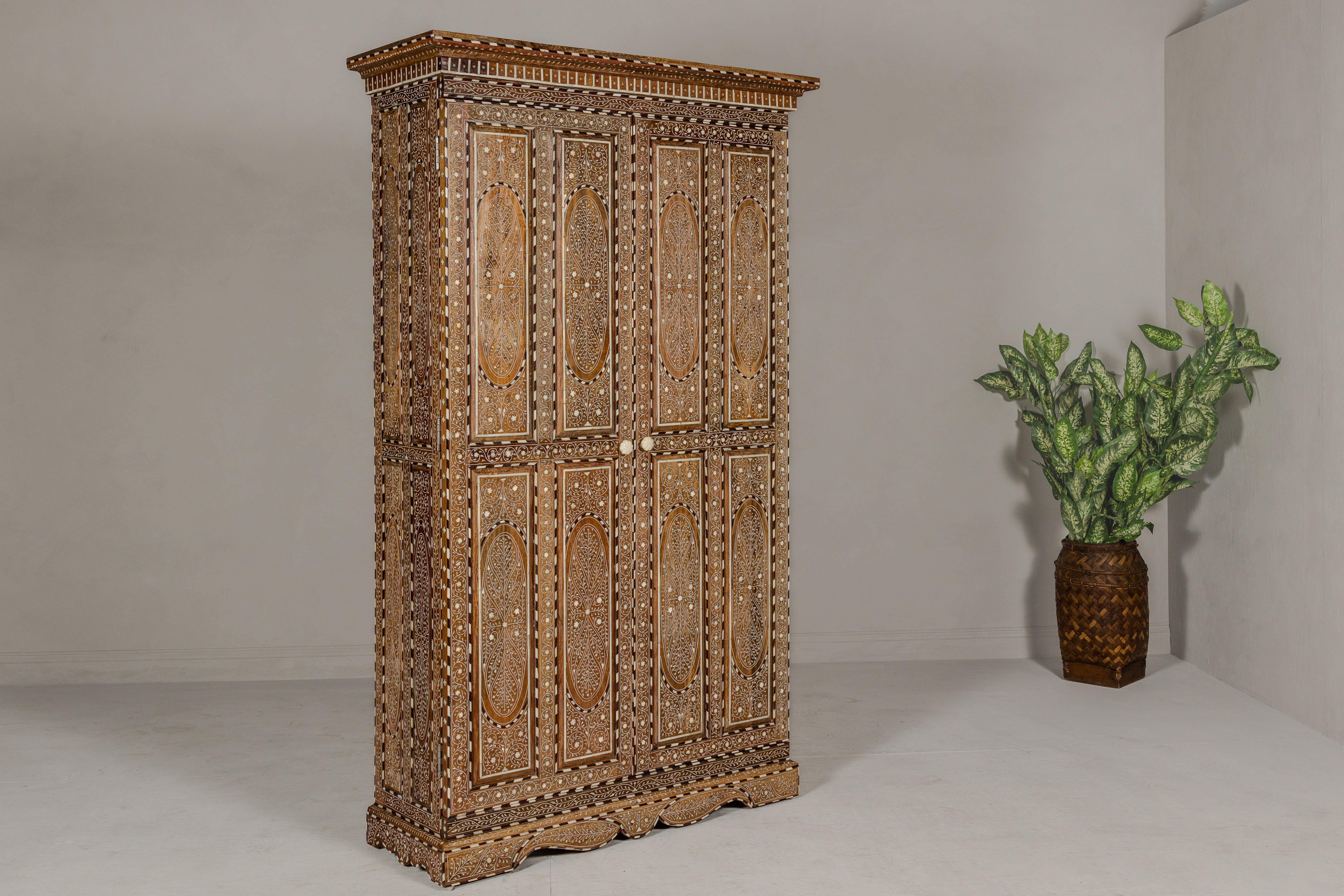 Anglo-Indian Style Mango Wood Tall Armoire with Floral Themed Bone Inlay 8