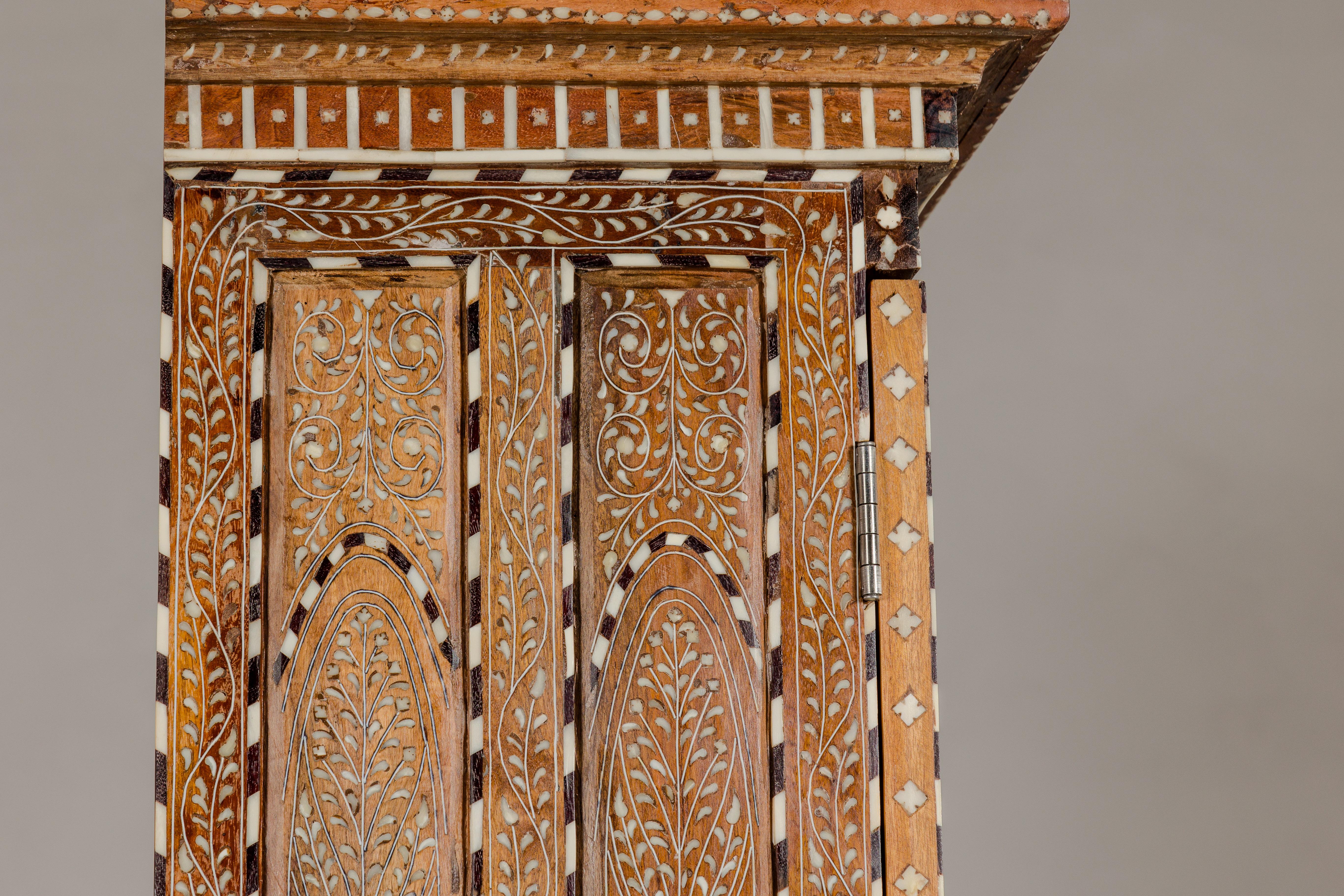 Anglo-Indian Style Mango Wood Tall Armoire with Floral Themed Bone Inlay 10