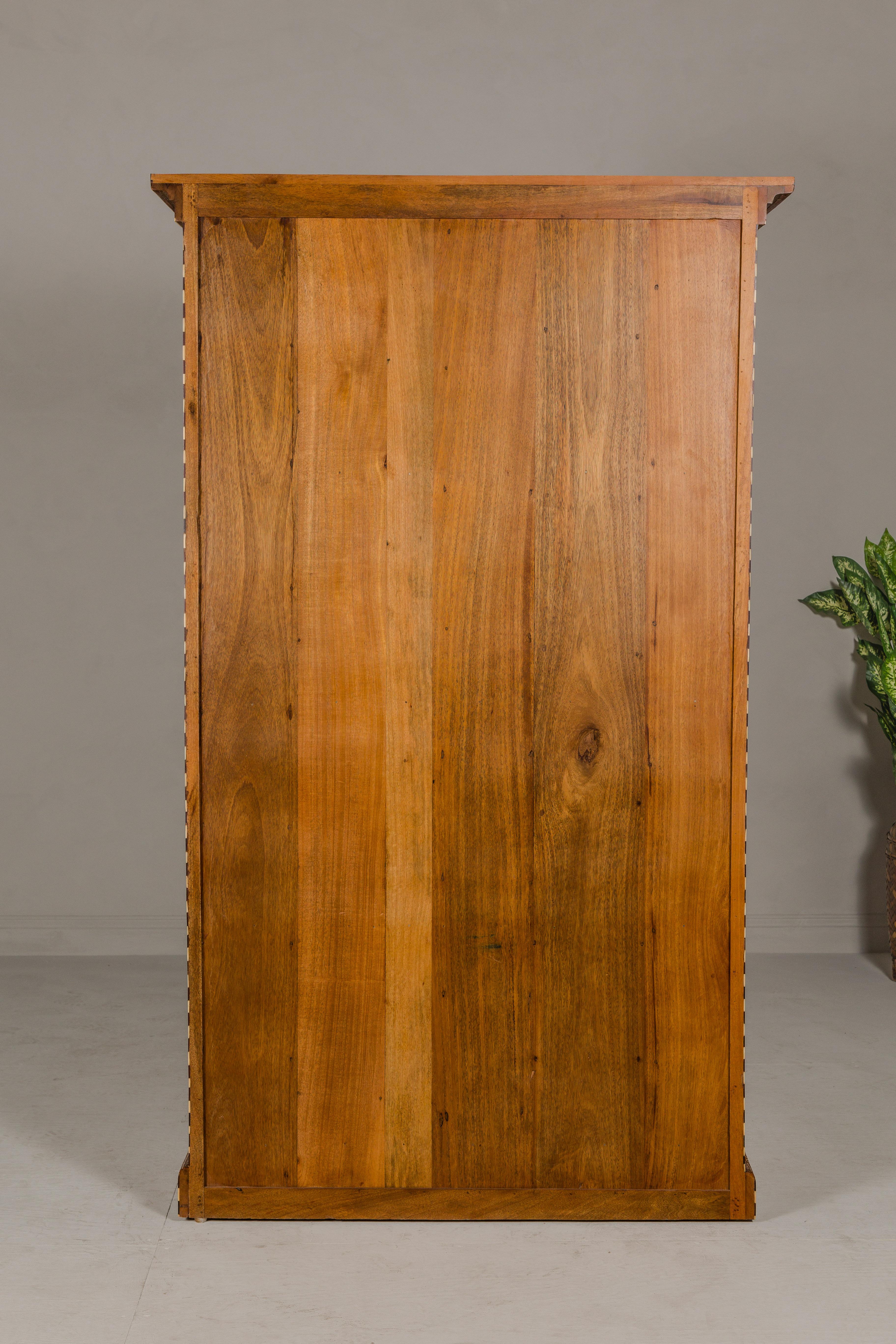 Anglo-Indian Style Mango Wood Tall Armoire with Floral Themed Bone Inlay 12