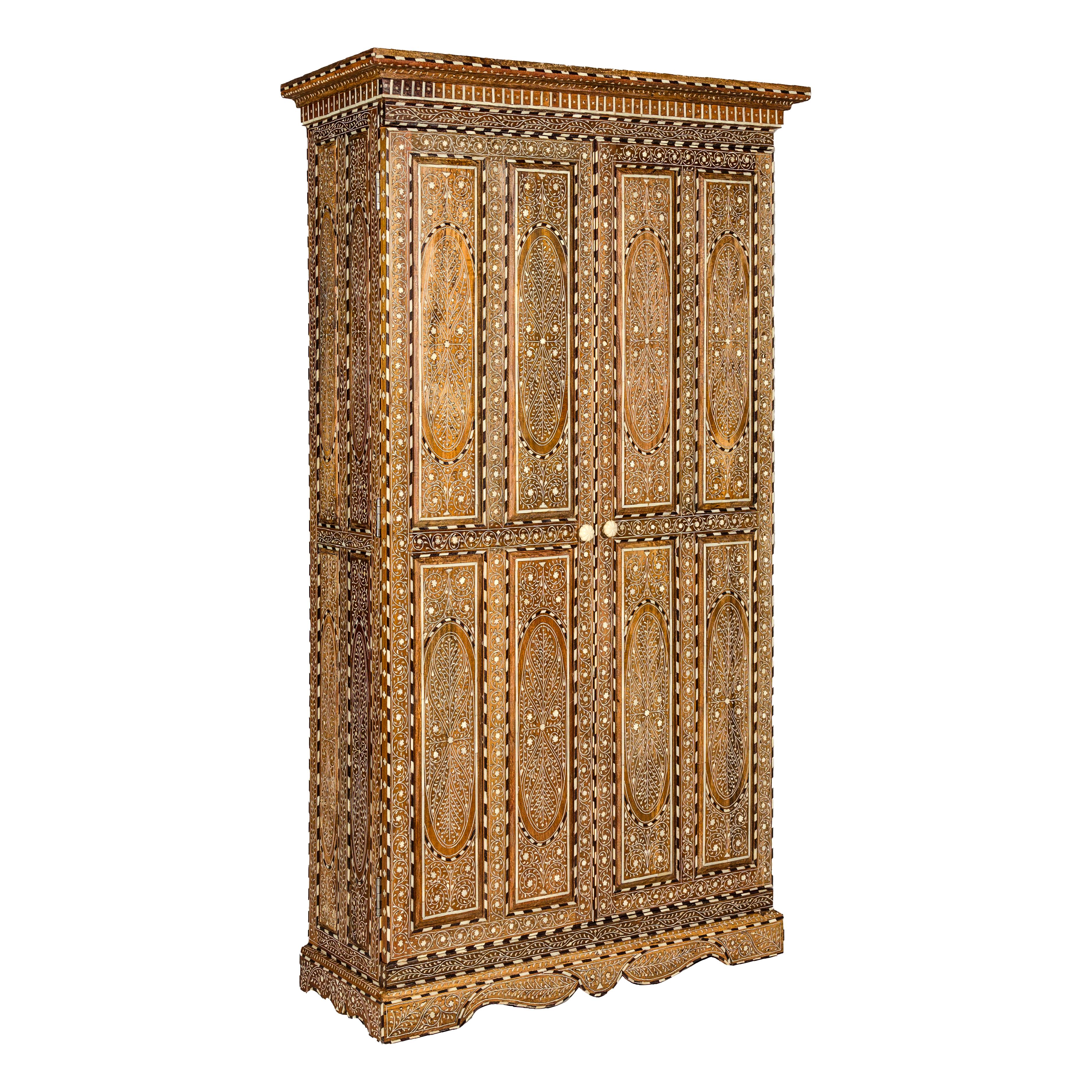 Anglo-Indian Style Mango Wood Tall Armoire with Floral Themed Bone Inlay  For Sale 14