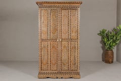 Anglo-Indian Style Mango Wood Tall Armoire with Floral Themed Bone Inlay