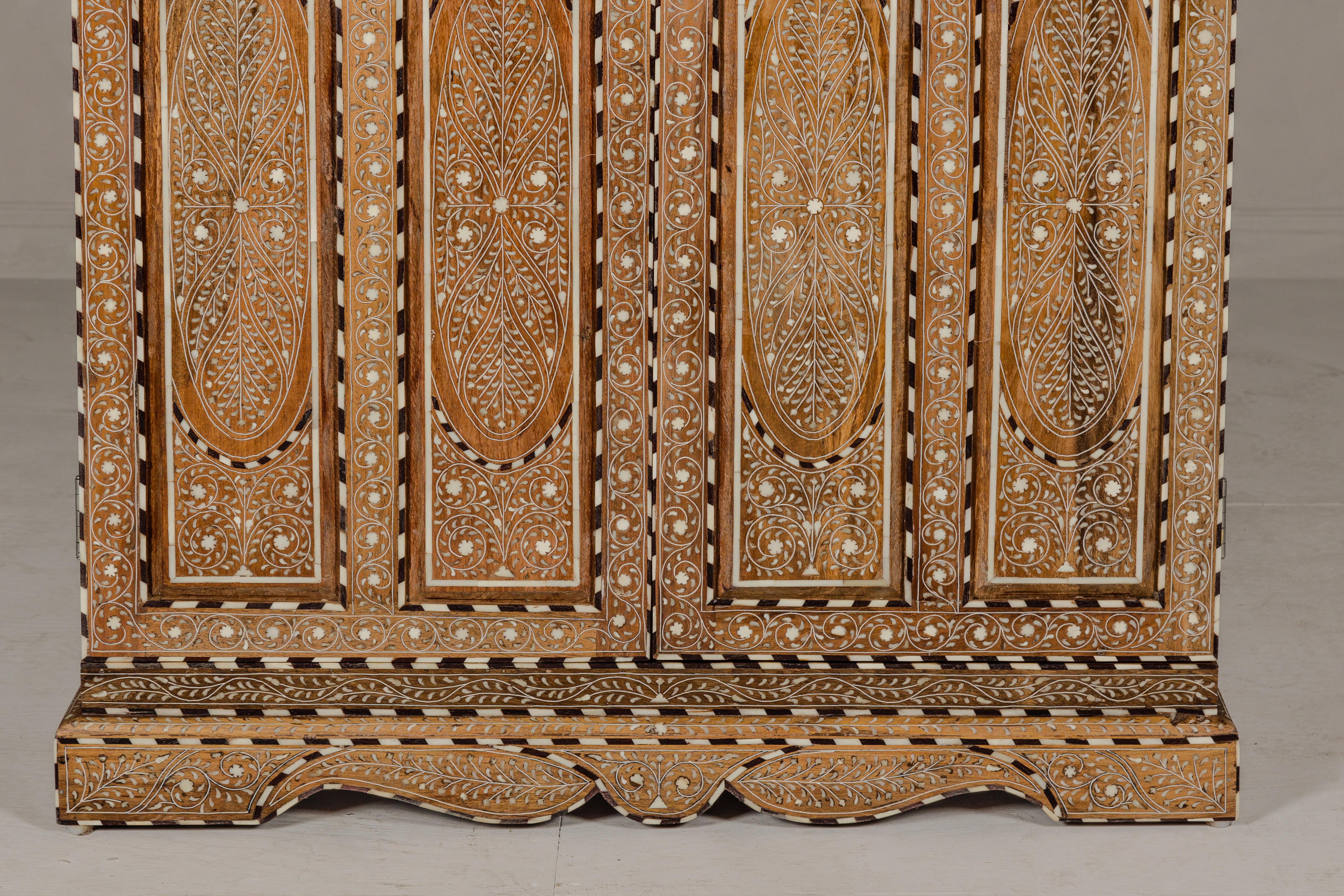 Contemporary Anglo-Indian Style Mango Wood Tall Armoire with Floral Themed Bone Inlay