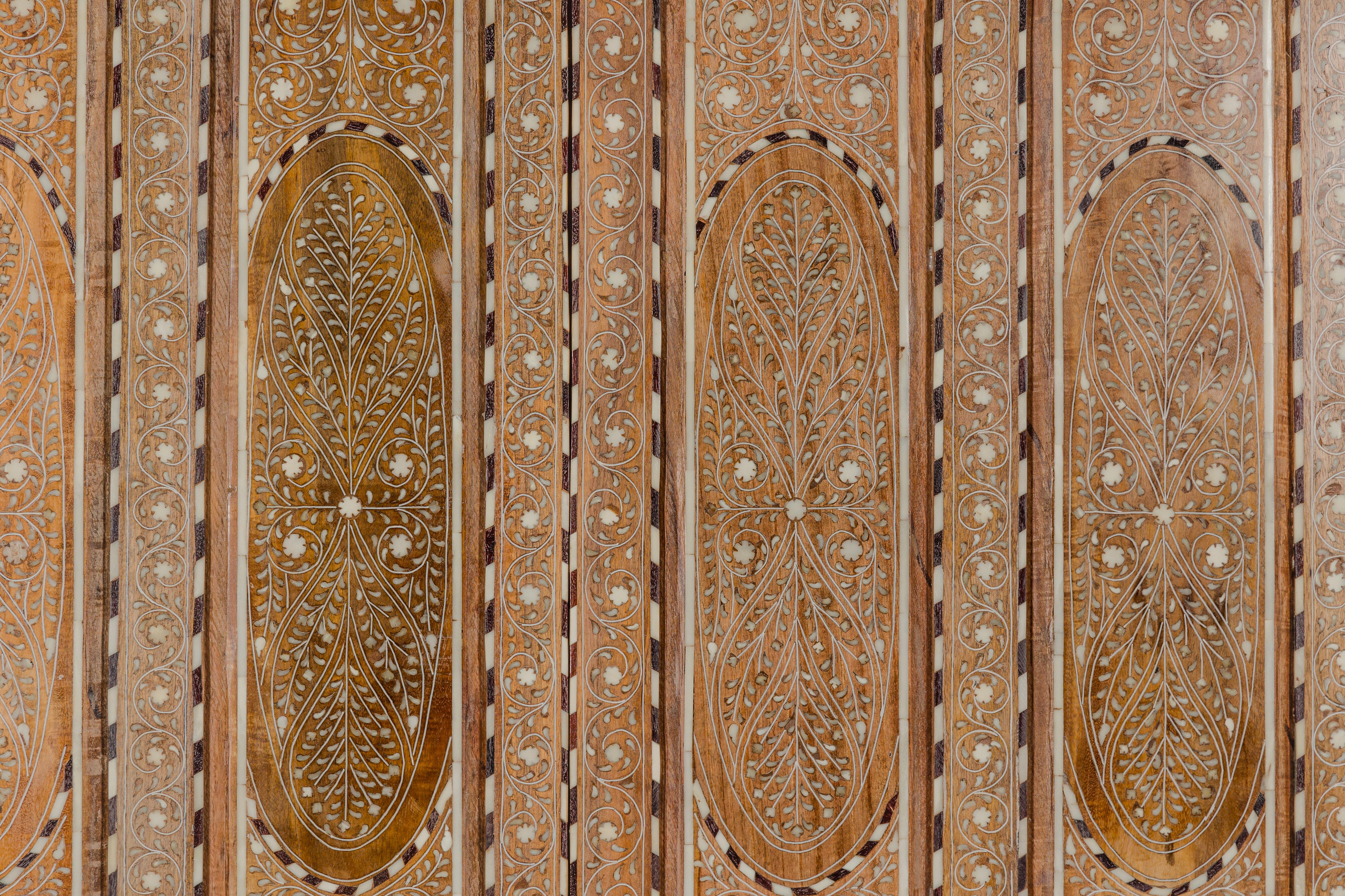 Anglo-Indian Style Mango Wood Tall Armoire with Floral Themed Bone Inlay 1