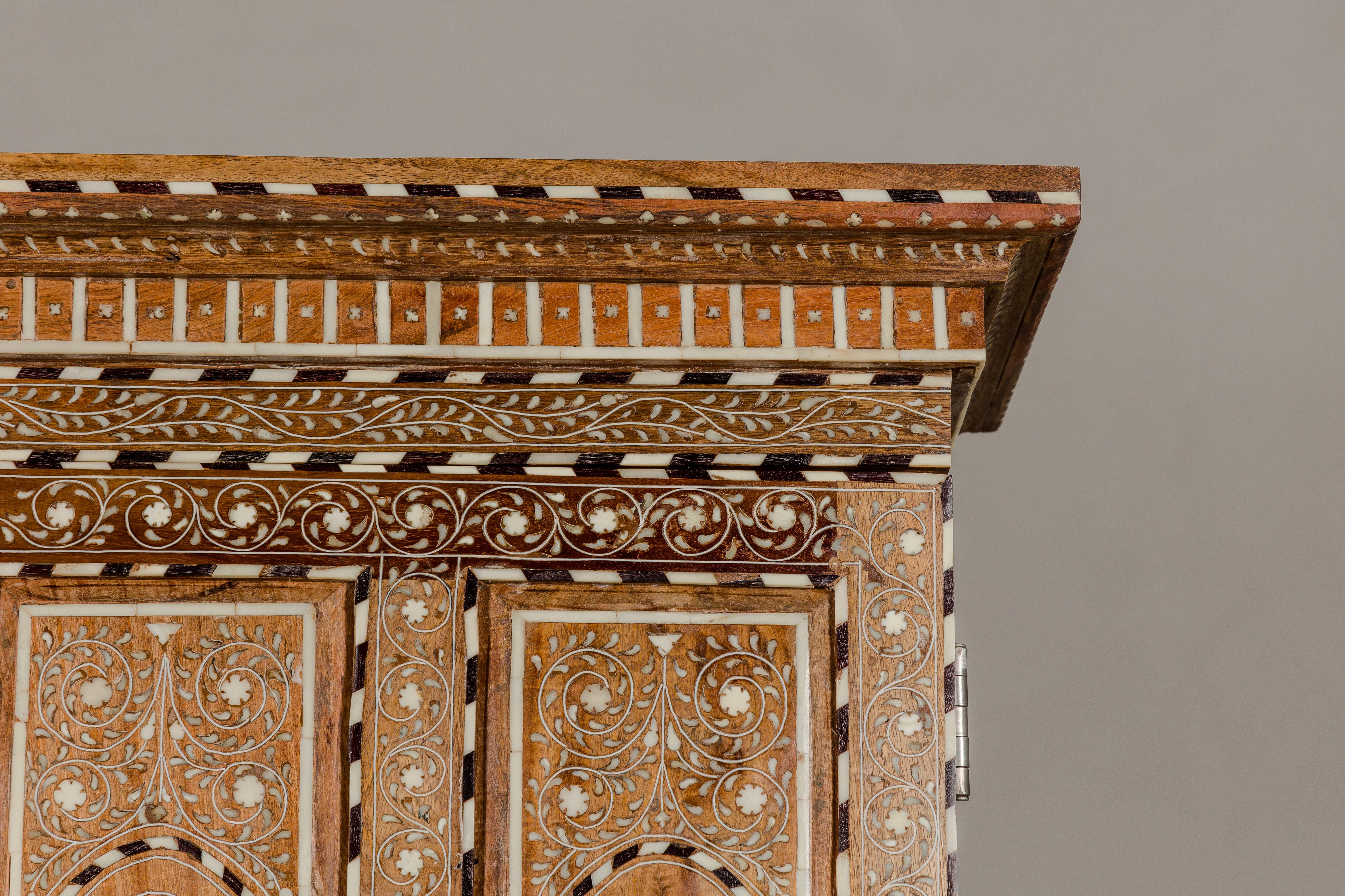 Anglo-Indian Style Mango Wood Tall Armoire with Floral Themed Bone Inlay 3