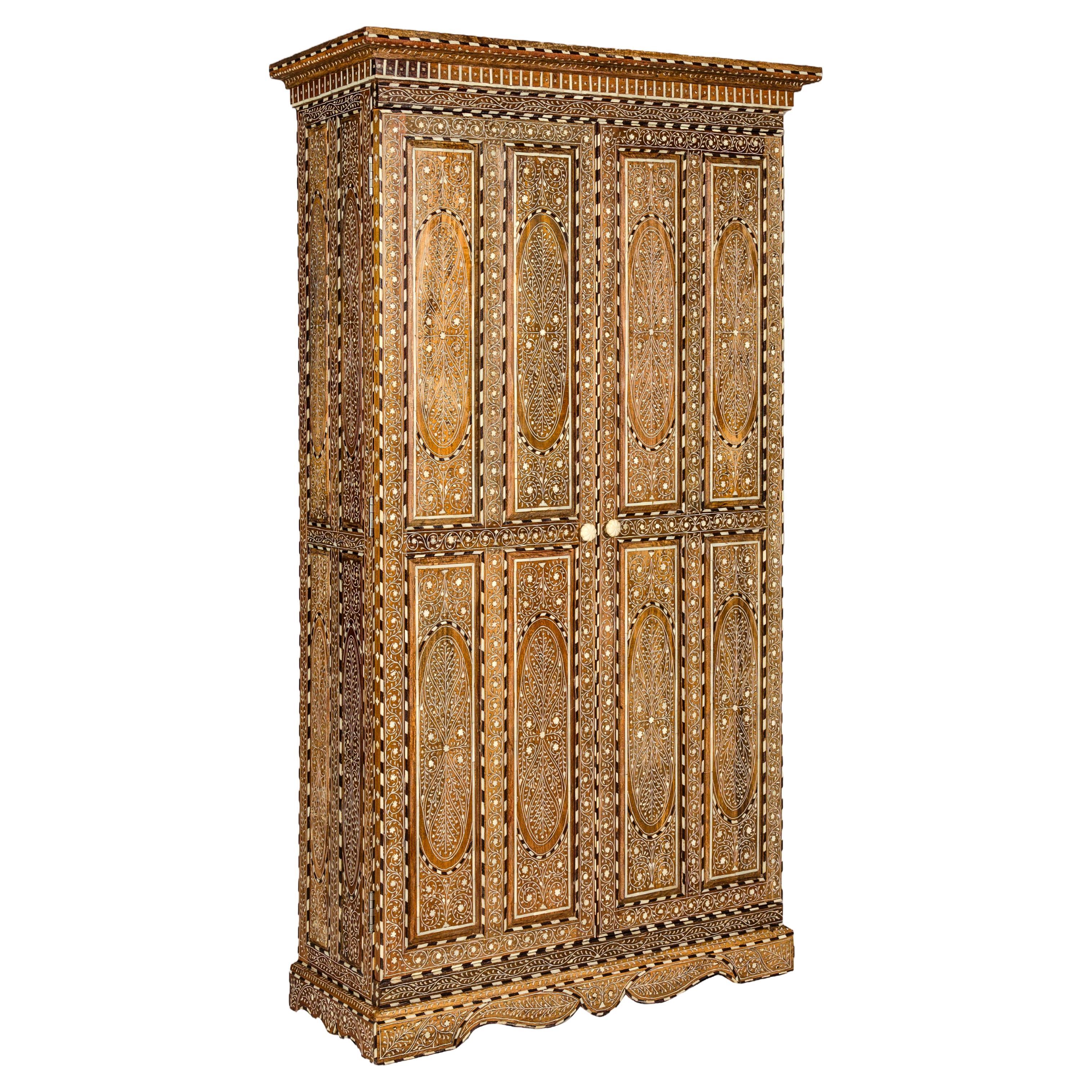 Anglo-Indian Style Mango Wood Tall Armoire with Floral Themed Bone Inlay 