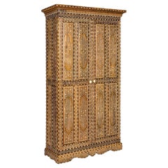 Anglo-Indian Style Mango Wood Tall Armoire with Floral Themed Bone Inlay 