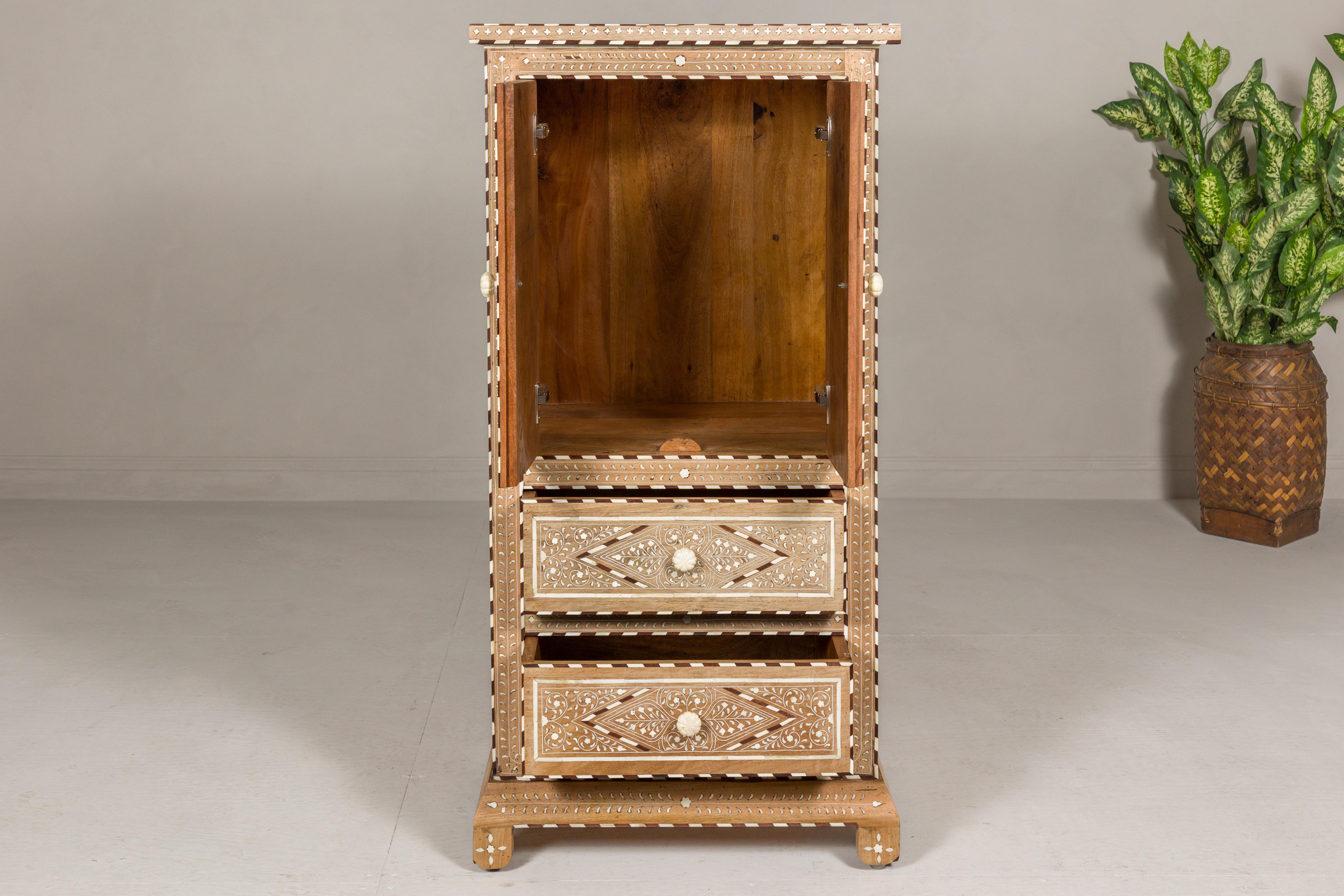 Anglo Indian Style Narrow Cabinet with Foliage-Themed Bone Inlaid Décor For Sale 3