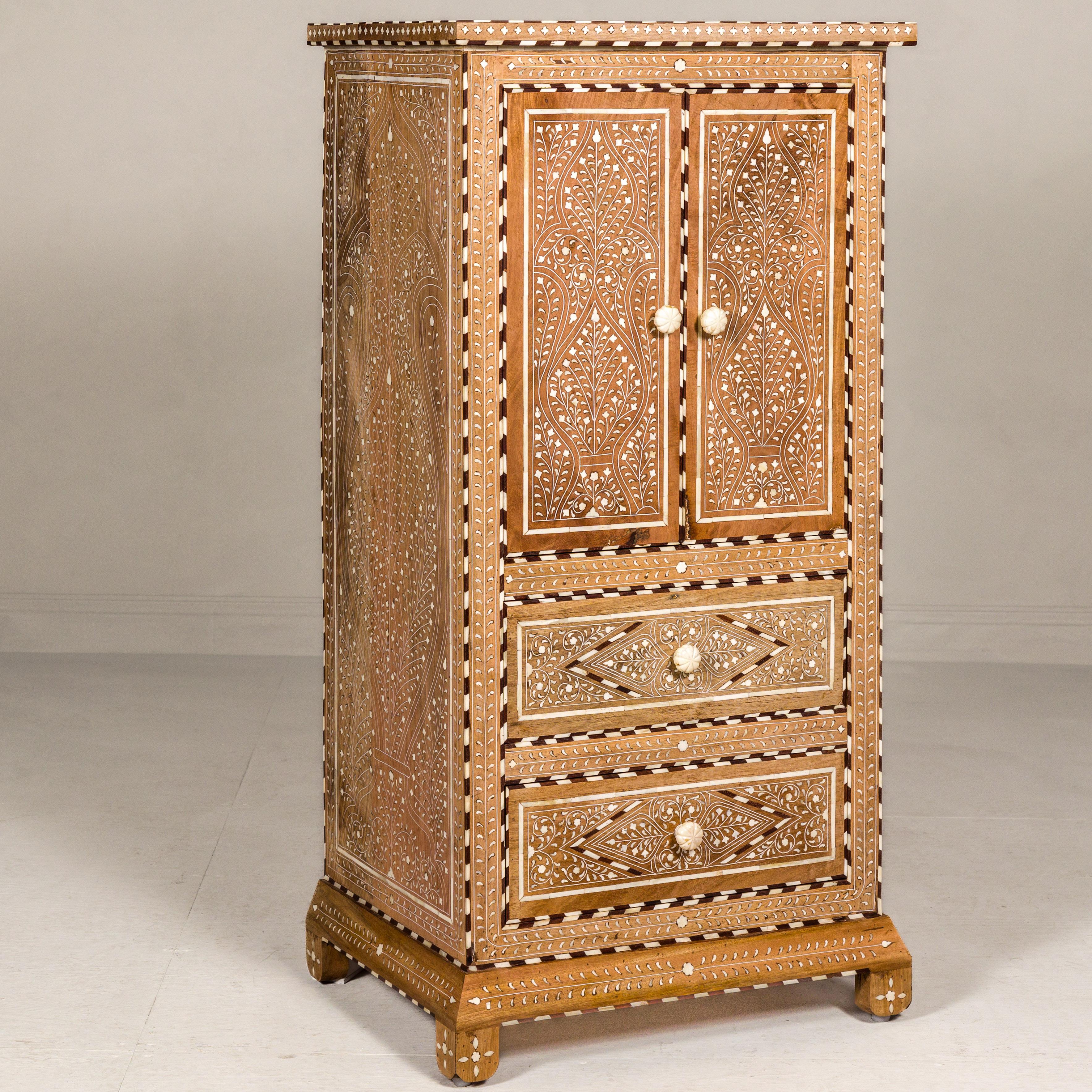 Anglo Indian Style Narrow Cabinet with Foliage-Themed Bone Inlaid Décor For Sale 4