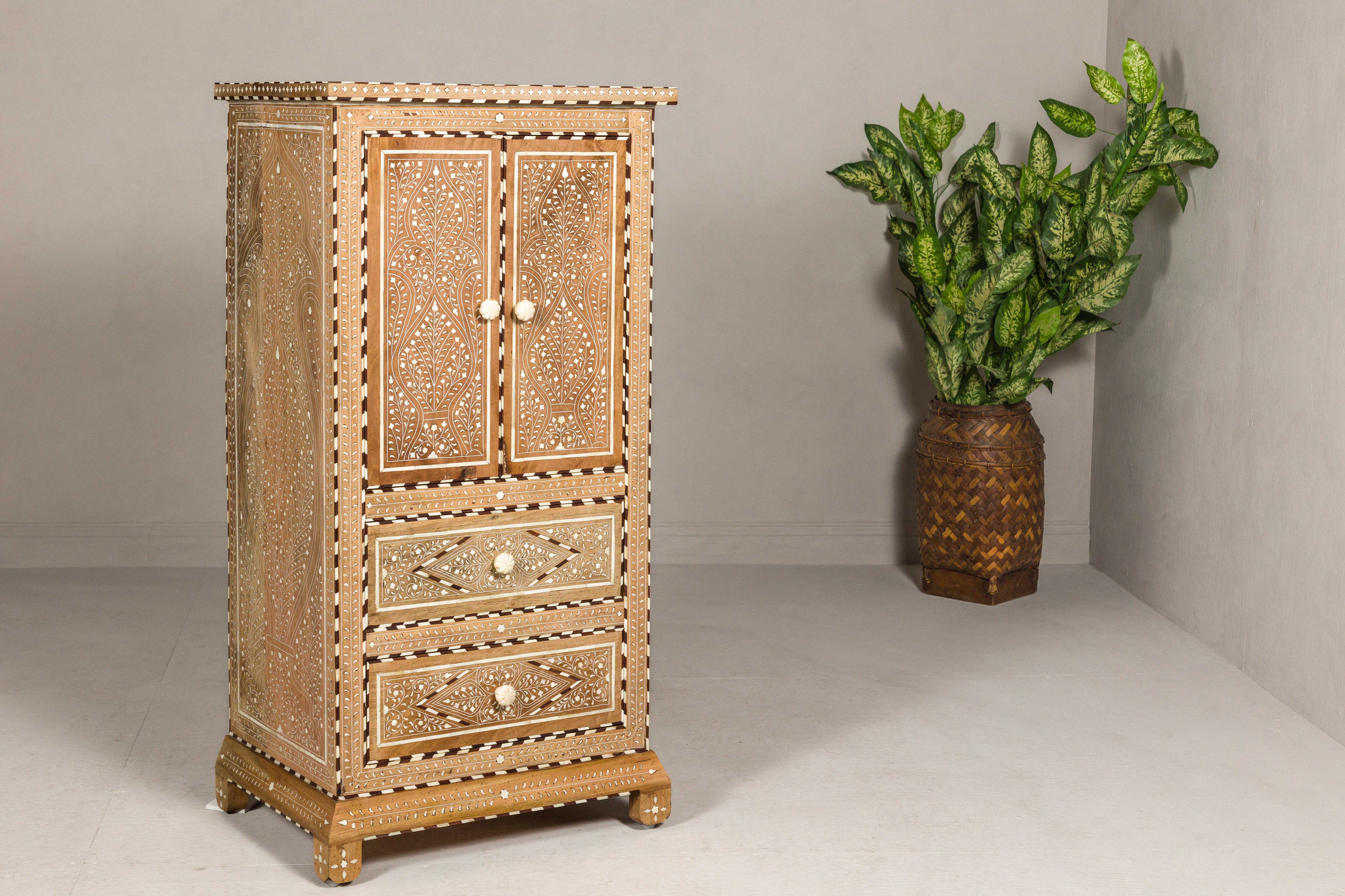 Anglo Indian Style Narrow Cabinet with Foliage-Themed Bone Inlaid Décor For Sale 5