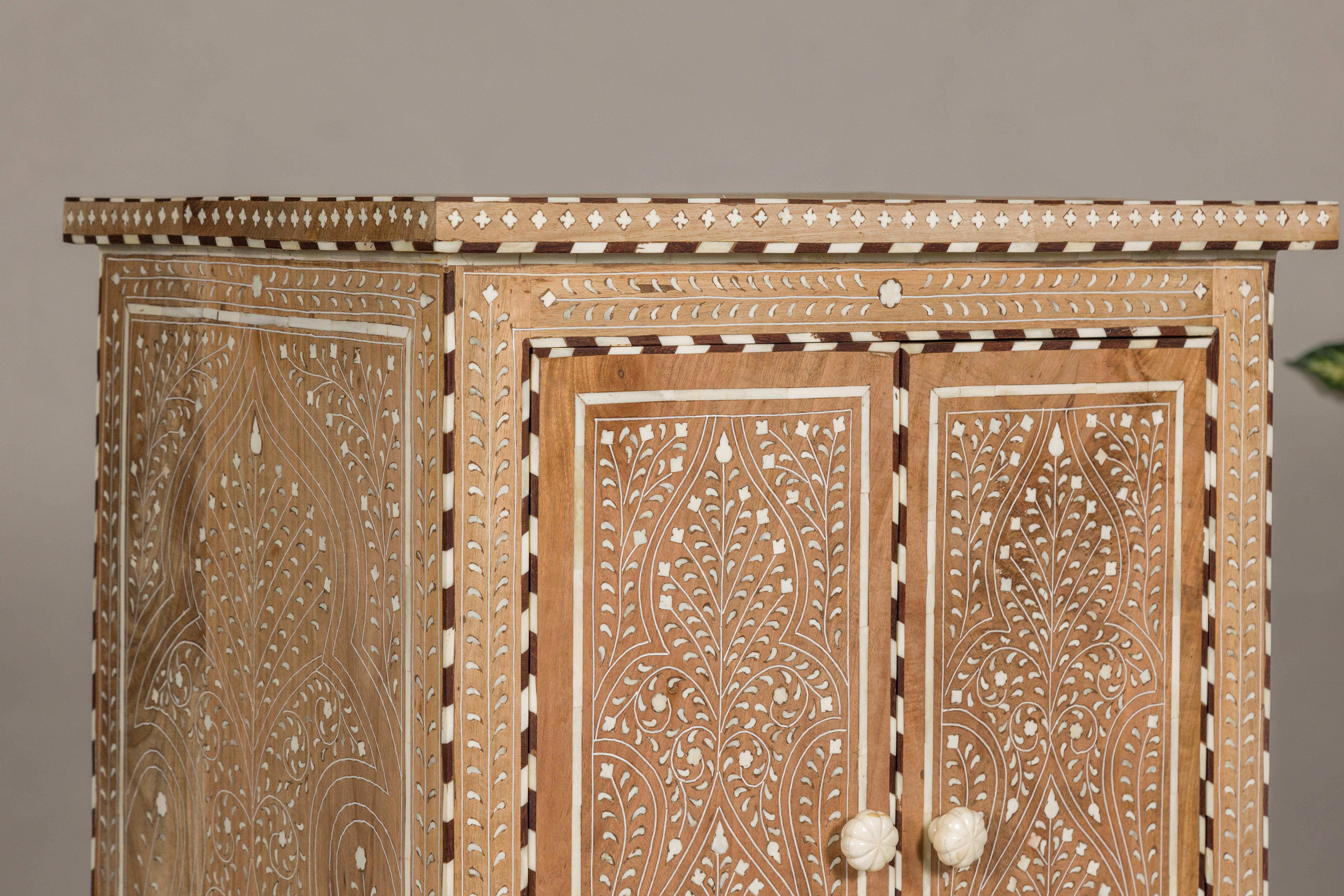Anglo Indian Style Narrow Cabinet with Foliage-Themed Bone Inlaid Décor For Sale 6