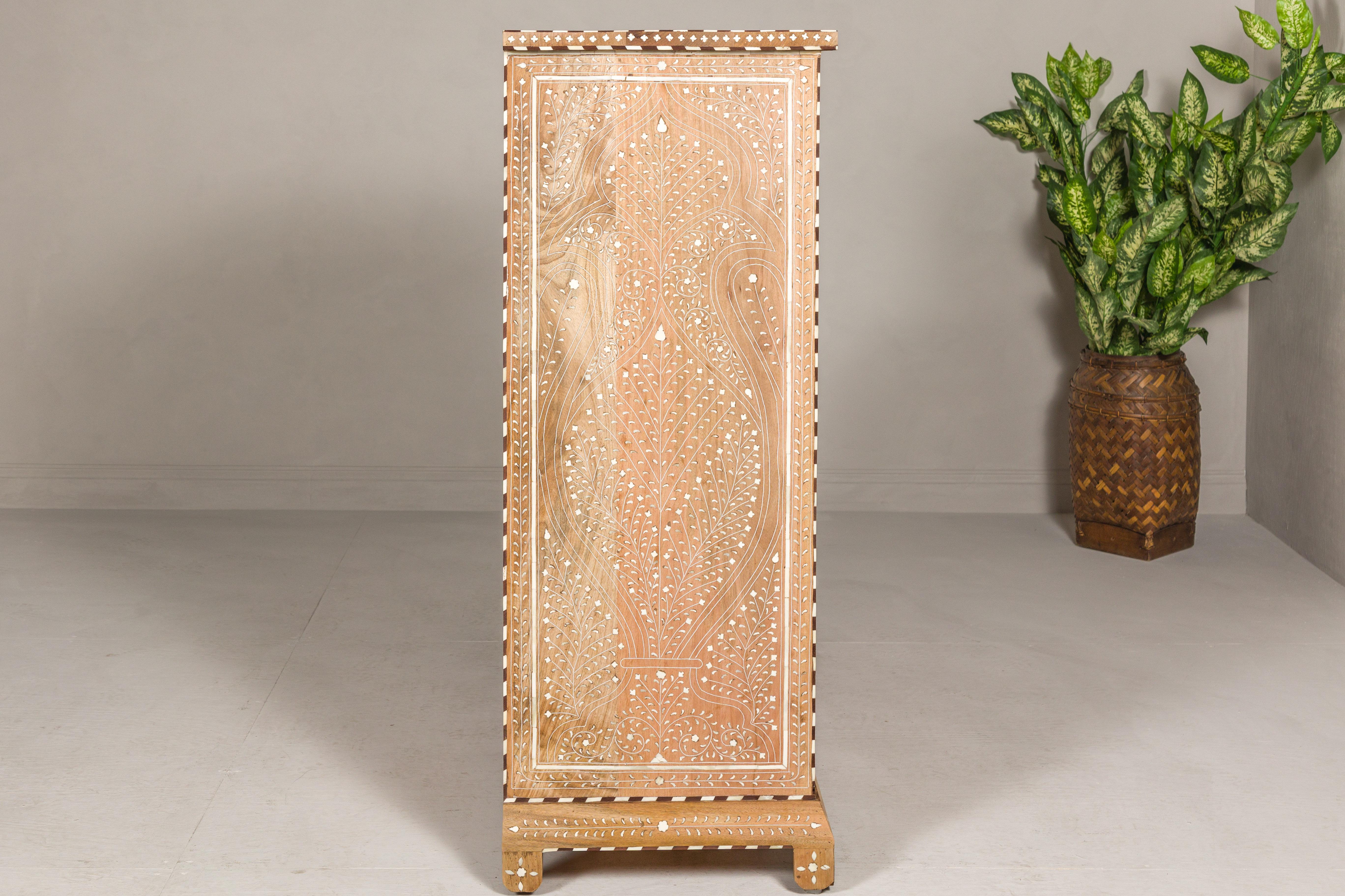 Anglo Indian Style Narrow Cabinet with Foliage-Themed Bone Inlaid Décor For Sale 7