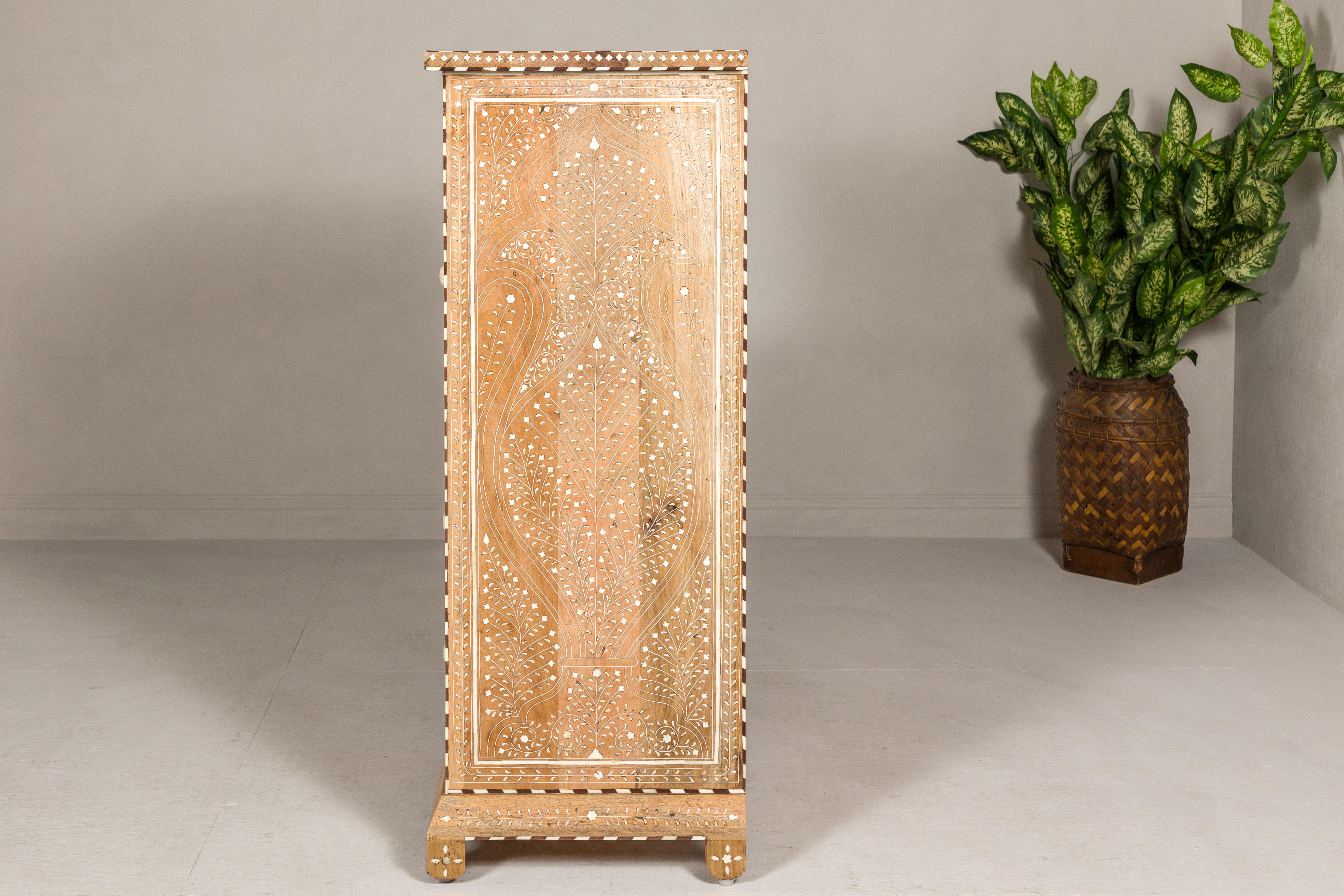 Anglo Indian Style Narrow Cabinet with Foliage-Themed Bone Inlaid Décor For Sale 11