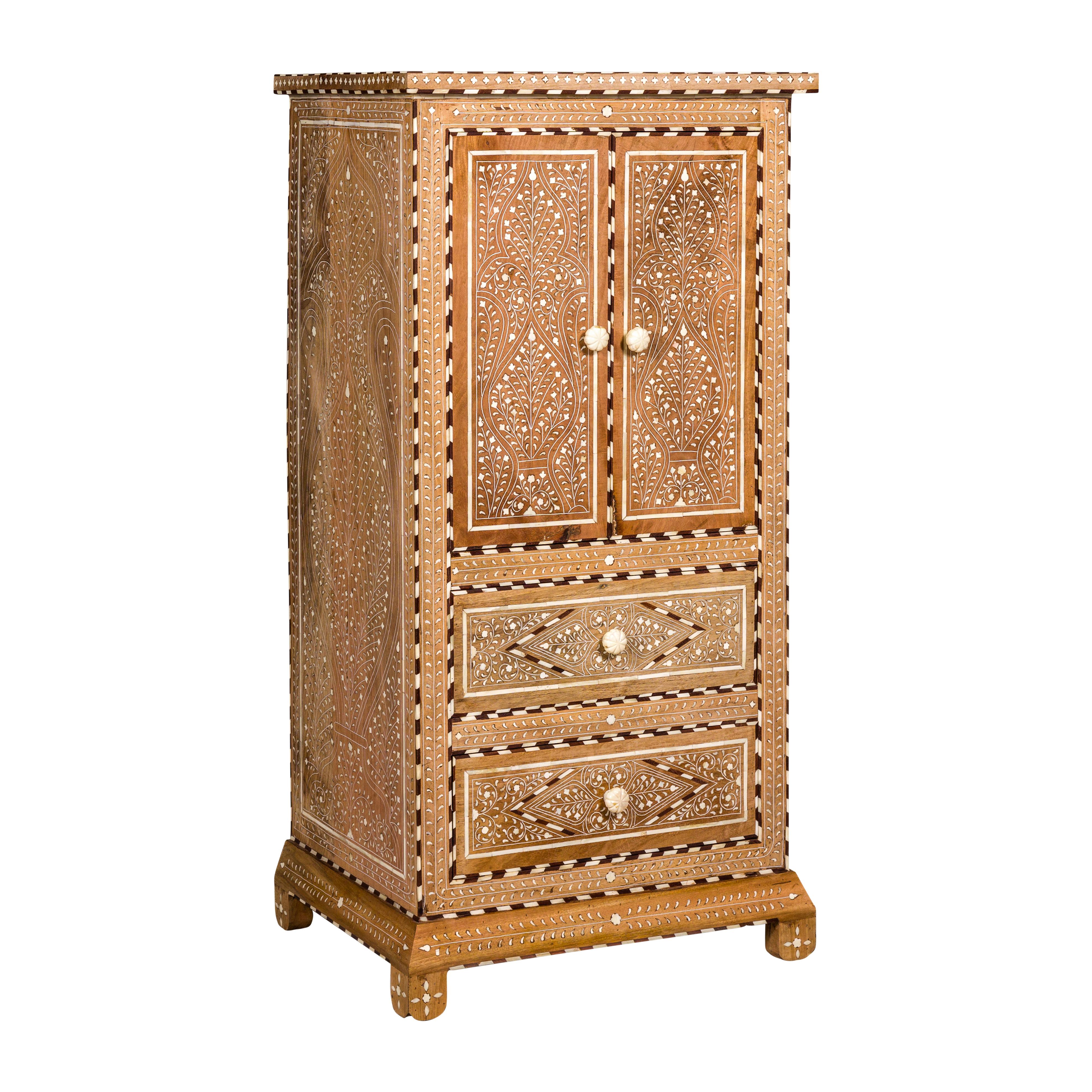 Anglo Indian Style Narrow Cabinet with Foliage-Themed Bone Inlaid Décor For Sale 12