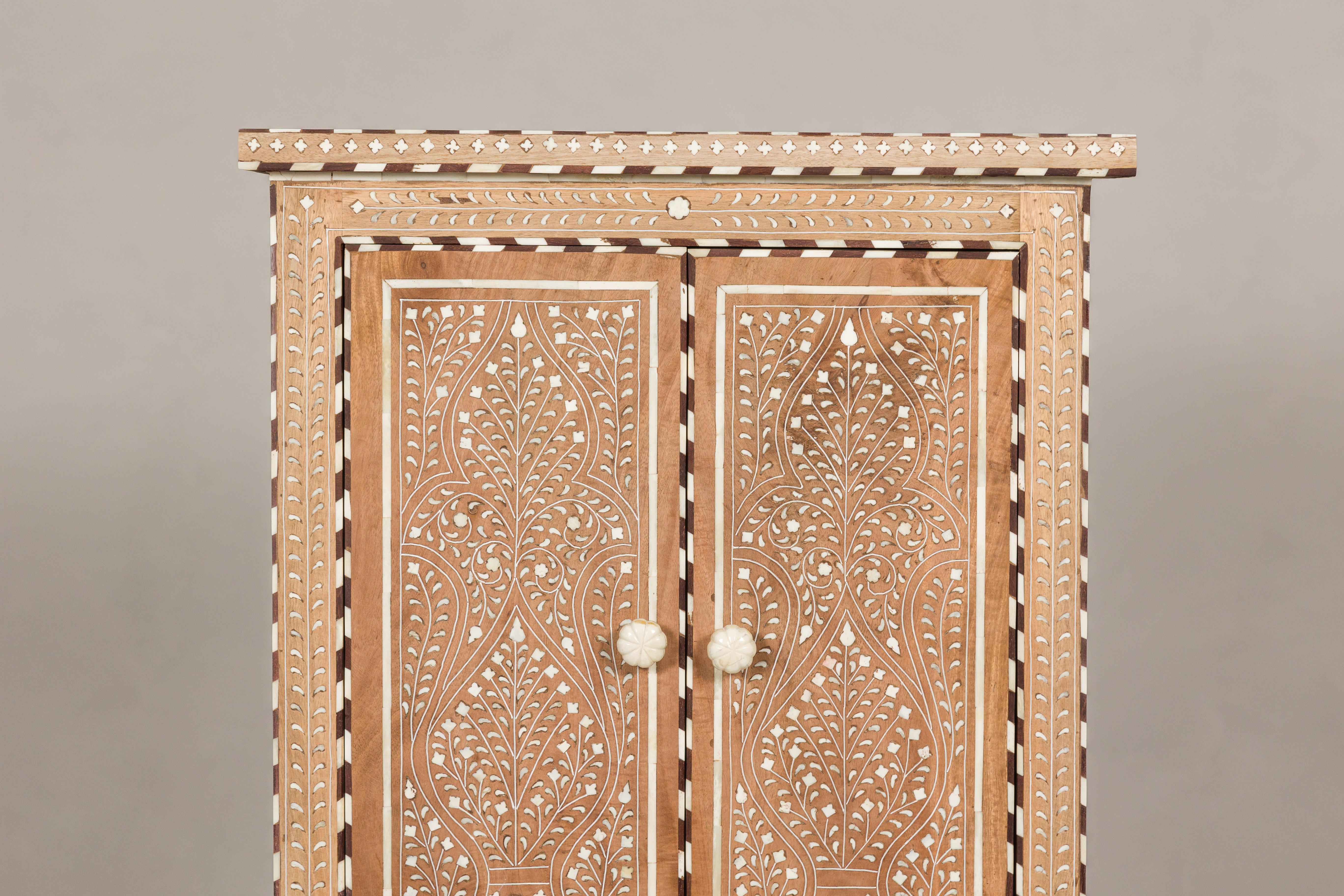 Anglo-Indian Anglo Indian Style Narrow Cabinet with Foliage-Themed Bone Inlaid Décor For Sale