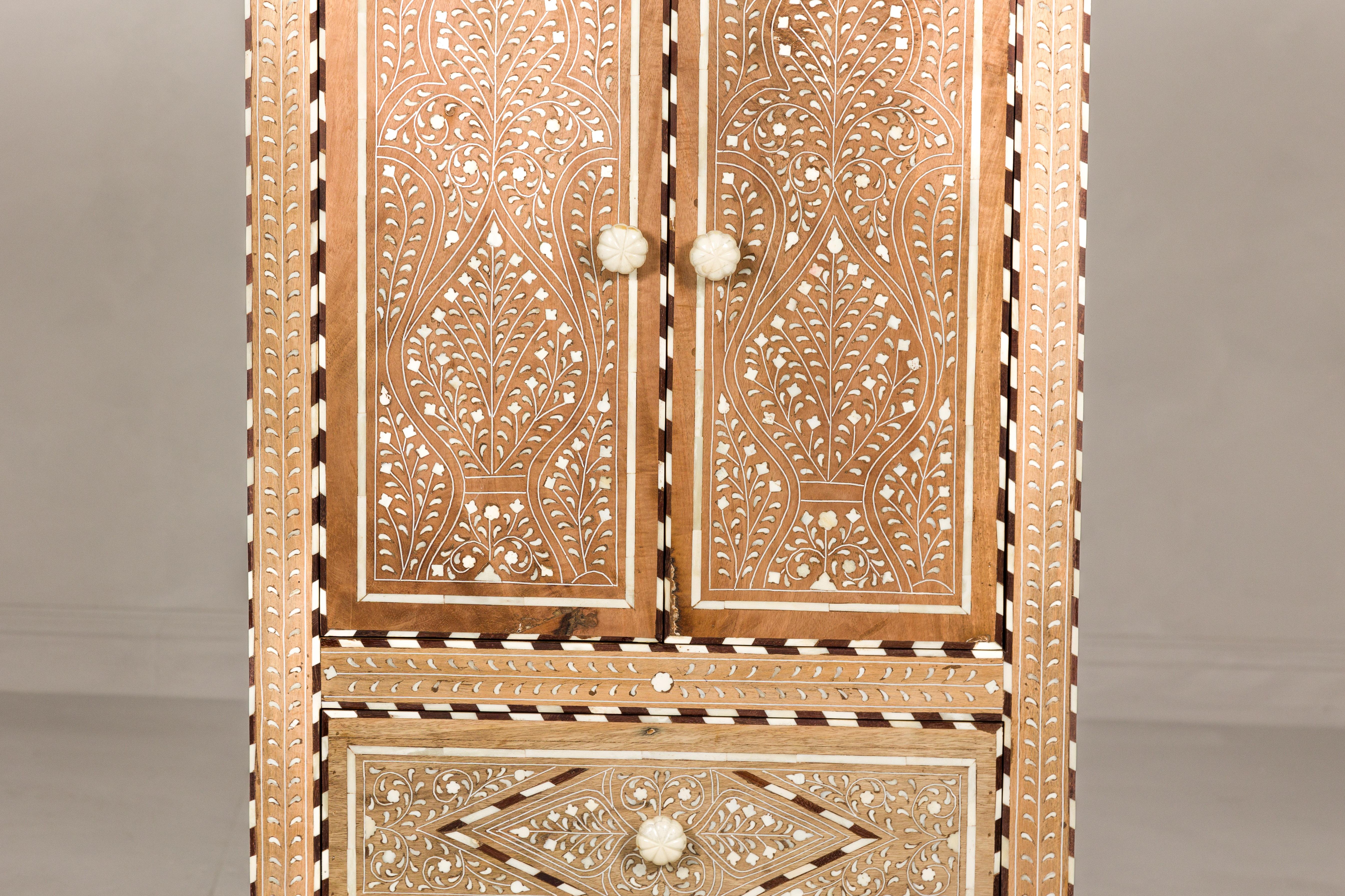 Inlay Anglo Indian Style Narrow Cabinet with Foliage-Themed Bone Inlaid Décor For Sale