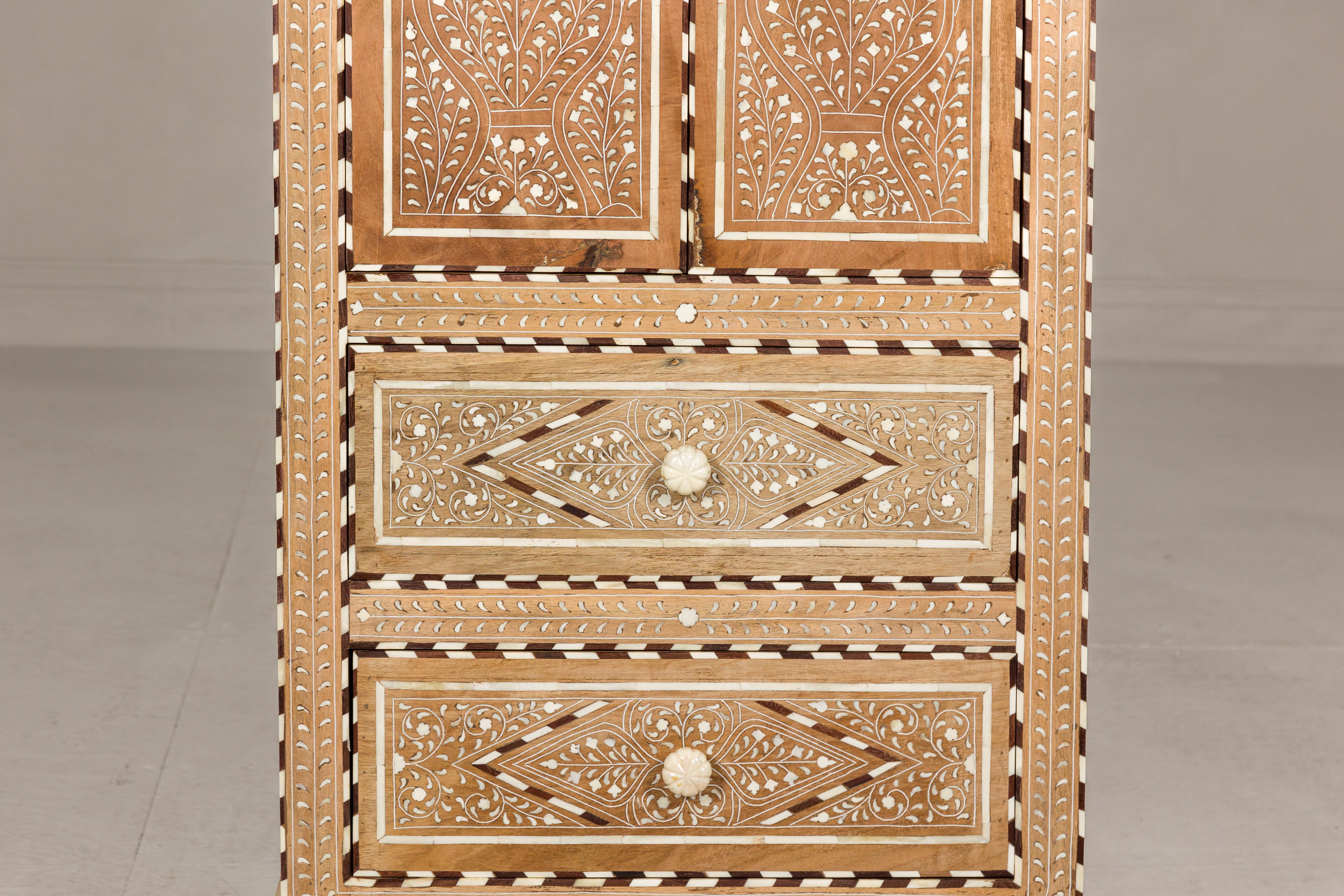 Anglo Indian Style Narrow Cabinet with Foliage-Themed Bone Inlaid Décor In Excellent Condition For Sale In Yonkers, NY