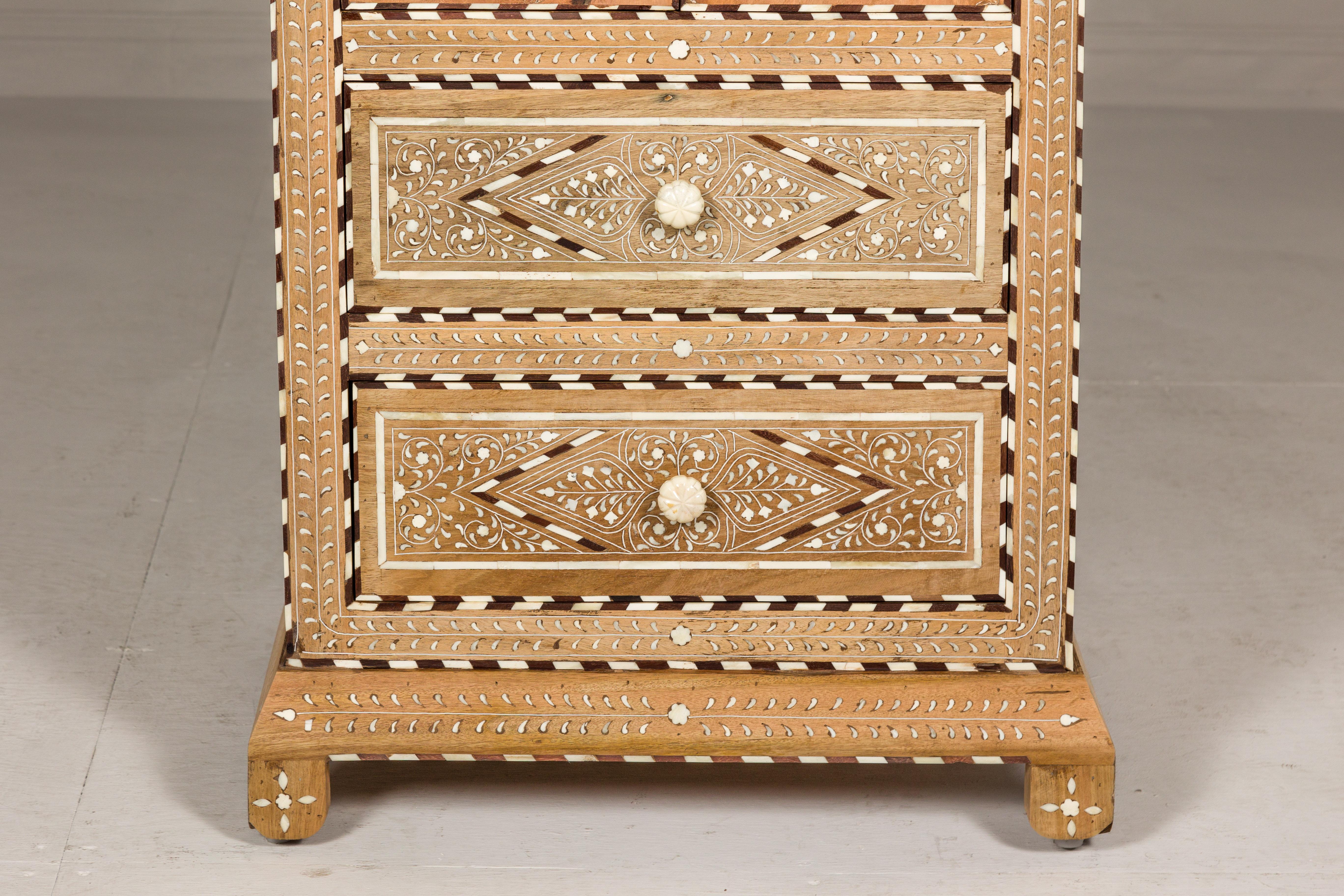 Contemporary Anglo Indian Style Narrow Cabinet with Foliage-Themed Bone Inlaid Décor For Sale