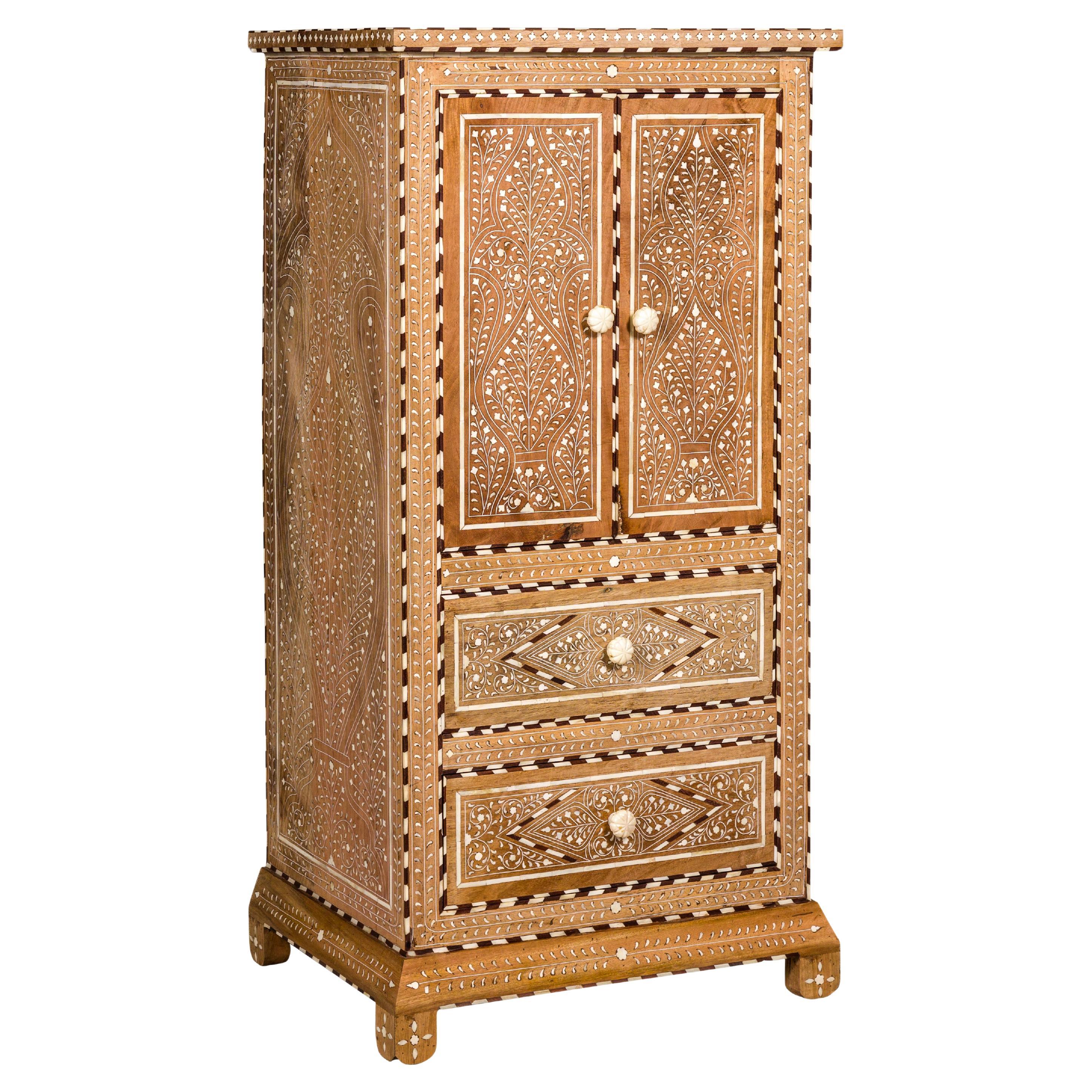 Anglo Indian Style Narrow Cabinet with Foliage-Themed Bone Inlaid Décor For Sale