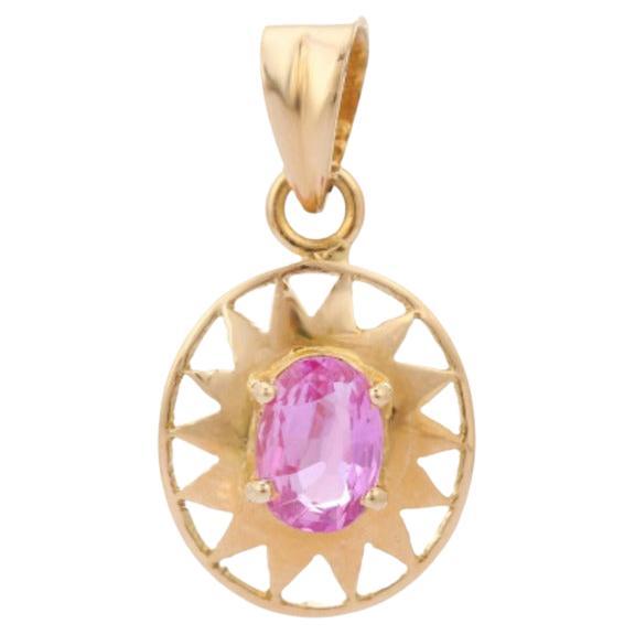 Oval Cut Contemporary Pink Sapphire Charm Pendant in 18K Solid Yellow Gold  For Sale