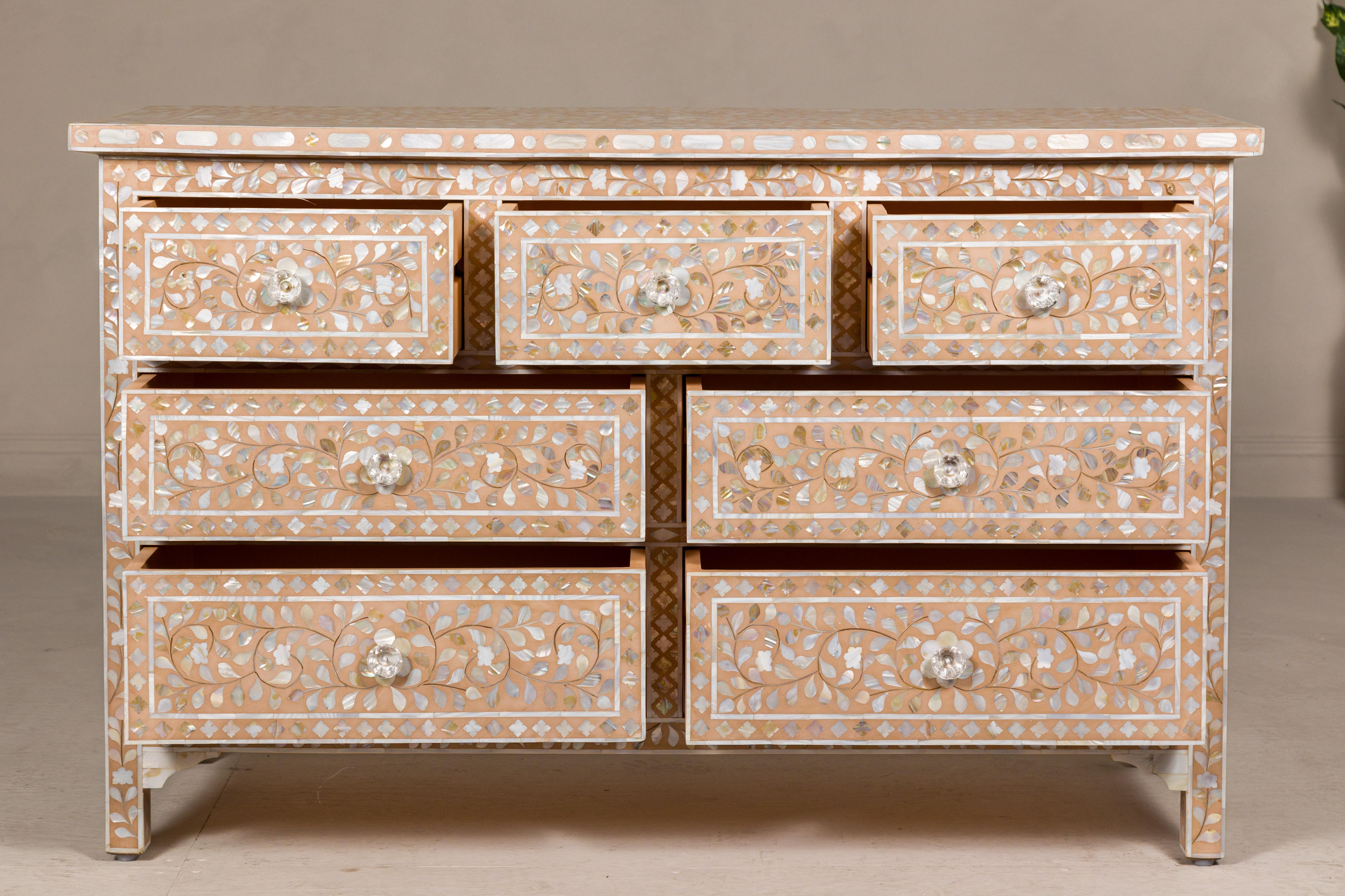Anglo-Indian Style Soft Pink Dresser with Floral Themed Mother-of-Pearl Inlay For Sale 3