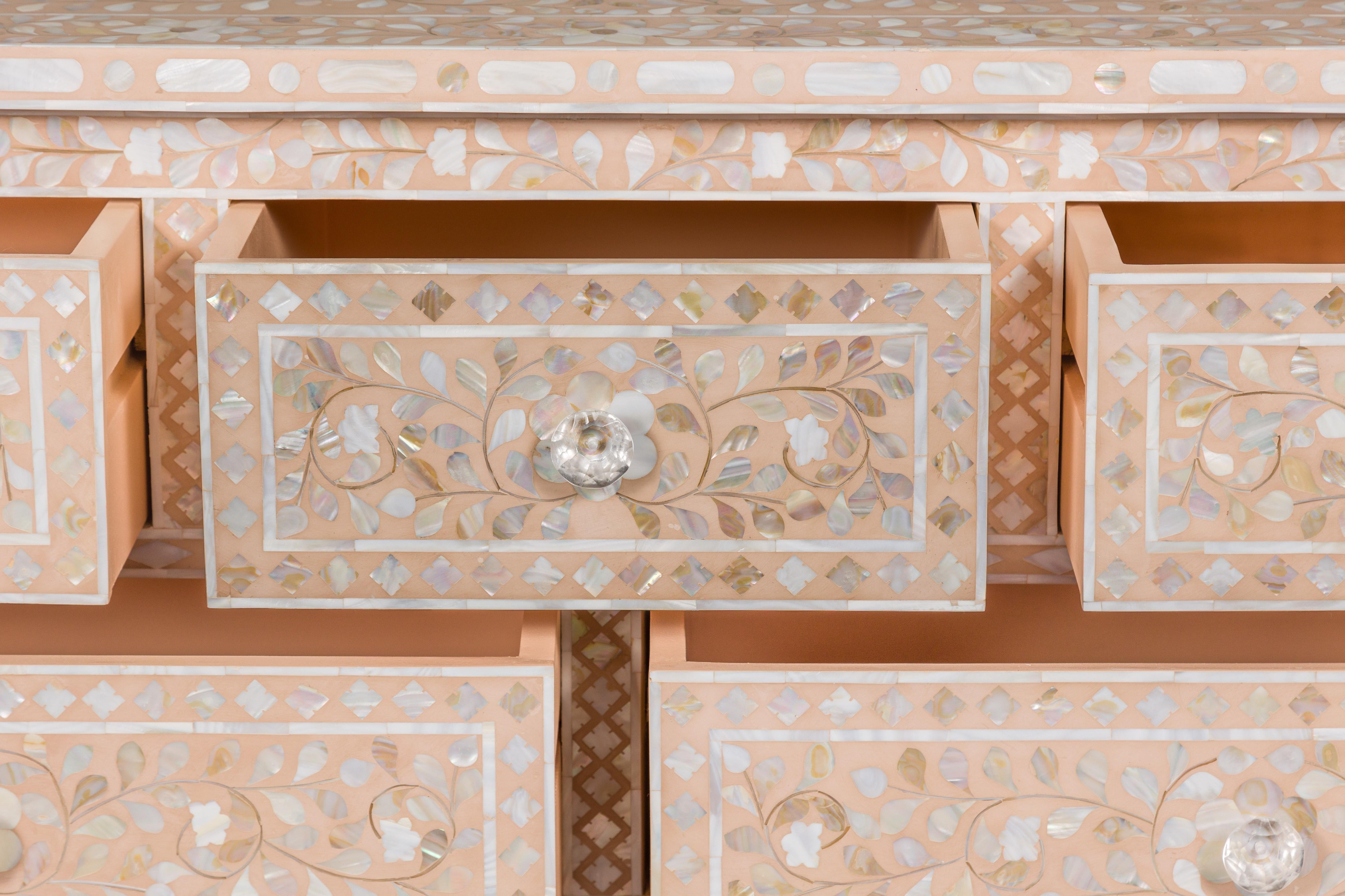 Anglo-Indian Style Soft Pink Dresser with Floral Themed Mother-of-Pearl Inlay For Sale 4