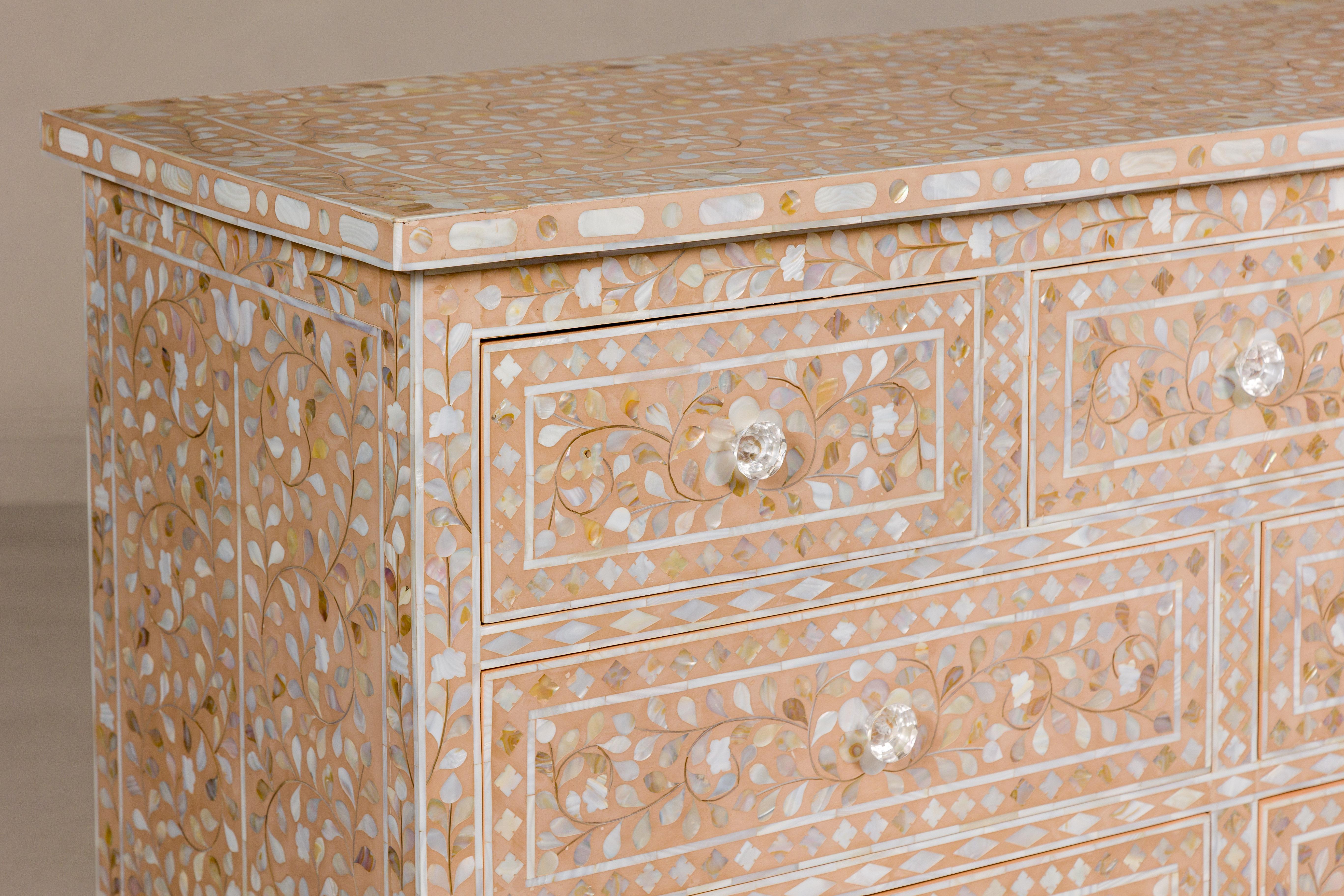 Anglo-Indian Style Soft Pink Dresser with Floral Themed Mother-of-Pearl Inlay For Sale 7