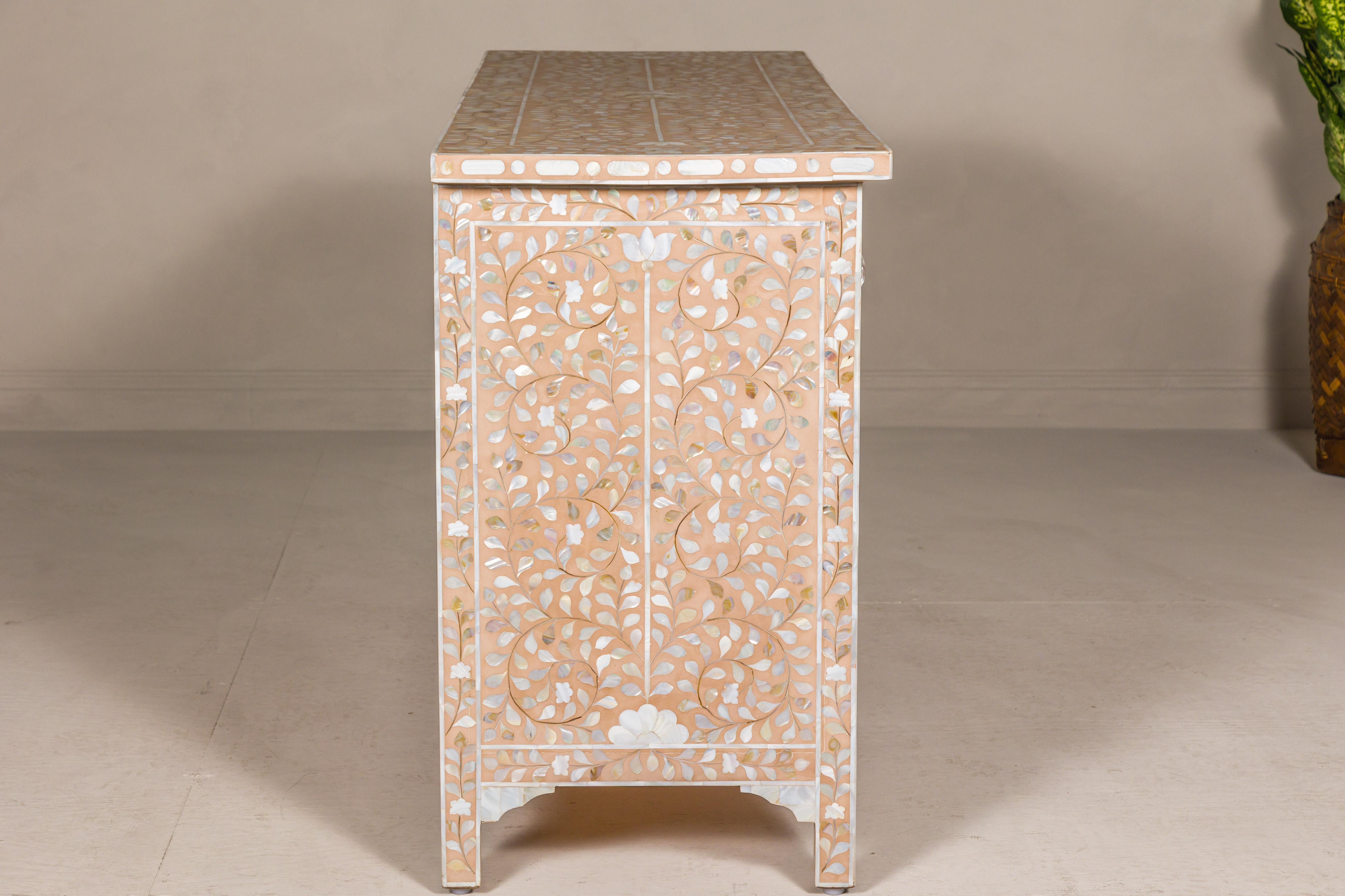 Anglo-Indian Style Soft Pink Dresser with Floral Themed Mother-of-Pearl Inlay For Sale 8